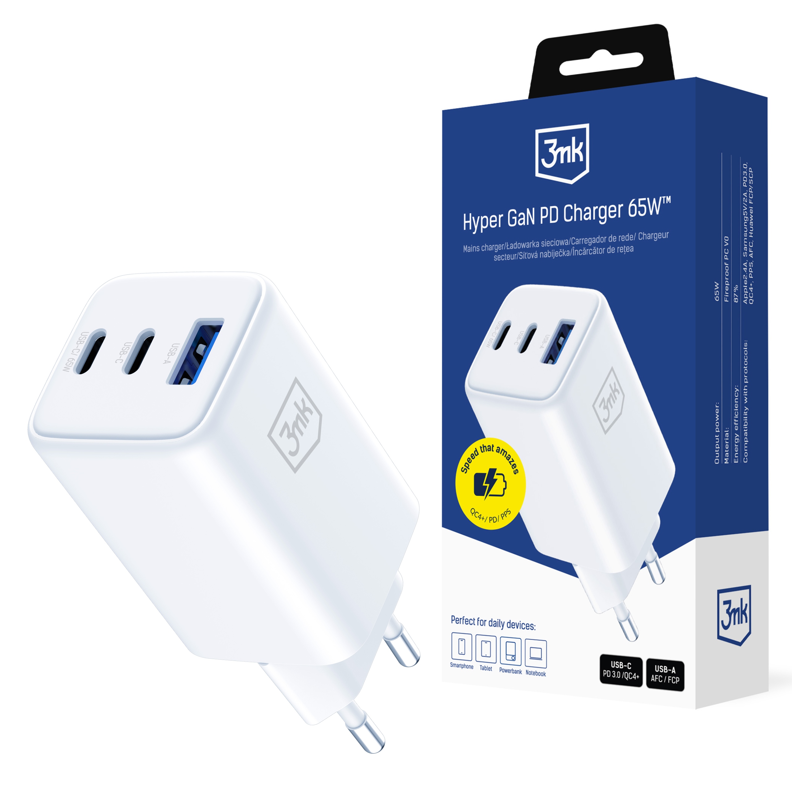 Bílá síťová nabíječka 3mk Hyper GaN Charger 65W QC4+ Pd 1xUSB 2xUSB-C