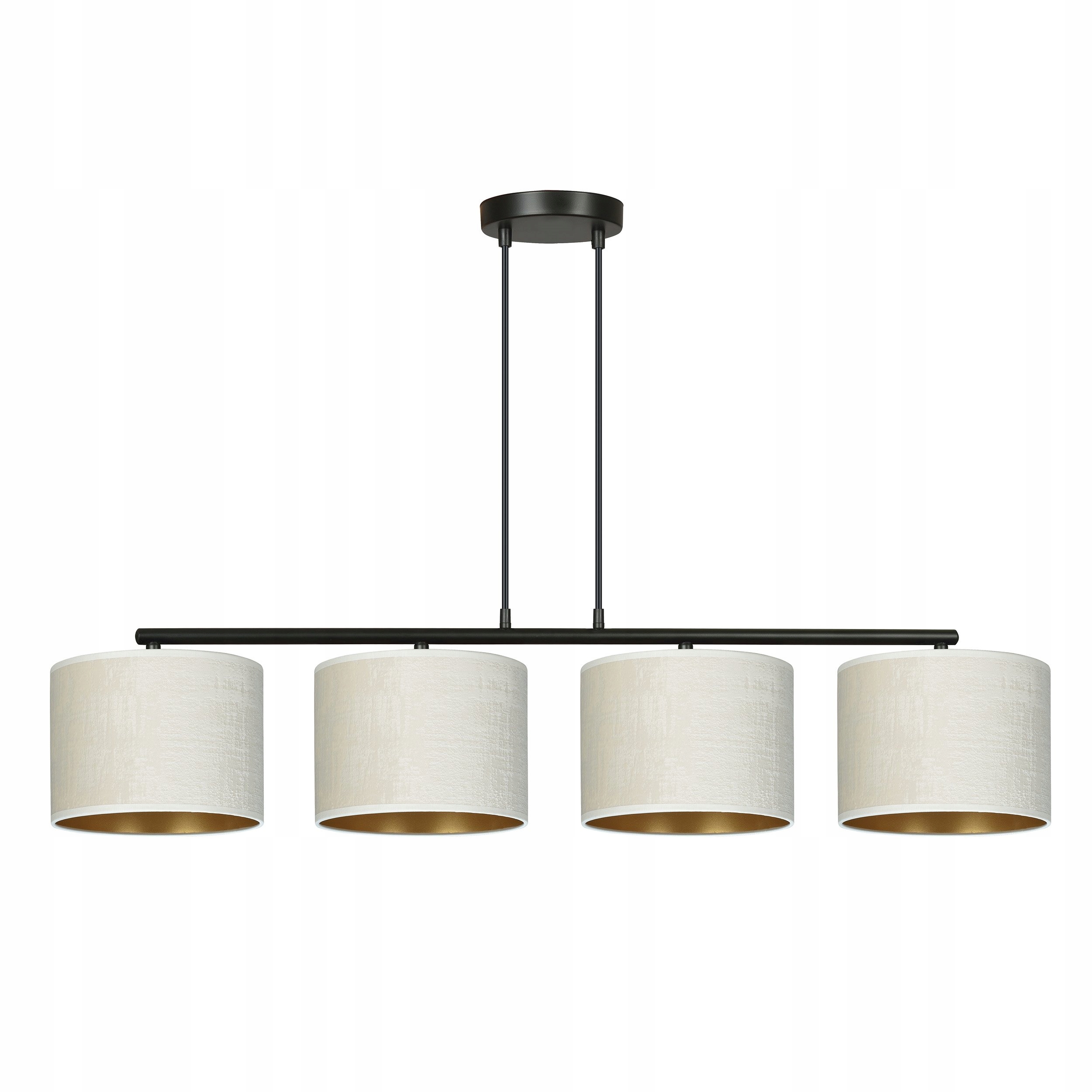 Závěsná stropní lampa Hilde 4 s bílým velurovým zlatým stínidlem uprostřed nad stolem