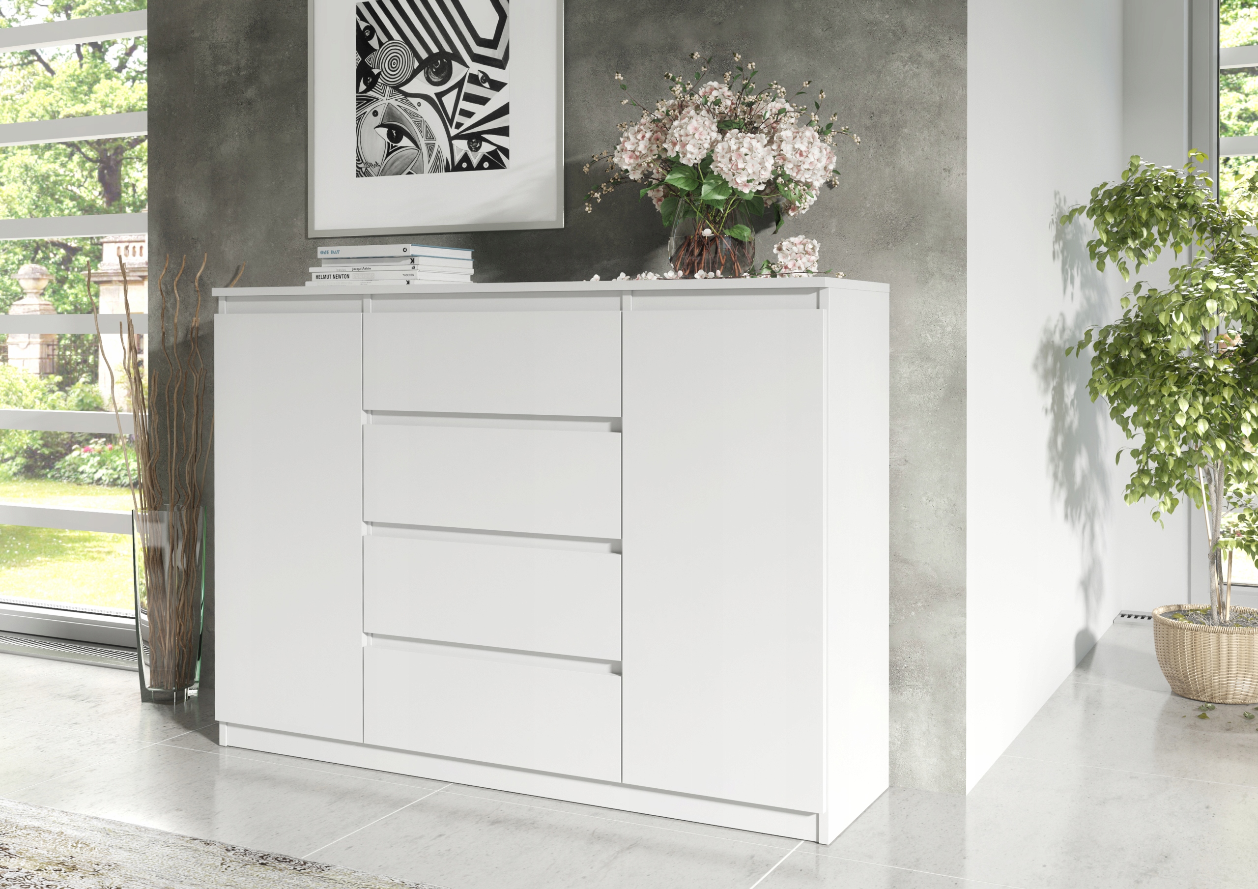 NOWOCZESNA KOMODA 140CM BIAŁA 4 SZUFLADY 2 DRZWI DO SALONU SYPIALNI Głębokość mebla 39 cm