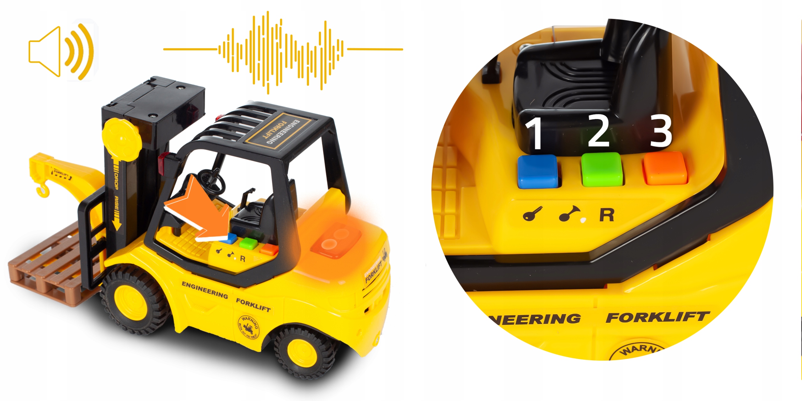 WÓZEK WIDŁOWY PALETOWY PALECIAK ZABAWKA DLA DZIECI DŹWIĘK ŚWIATŁO PALETA Wiek dziecka 3 lata +