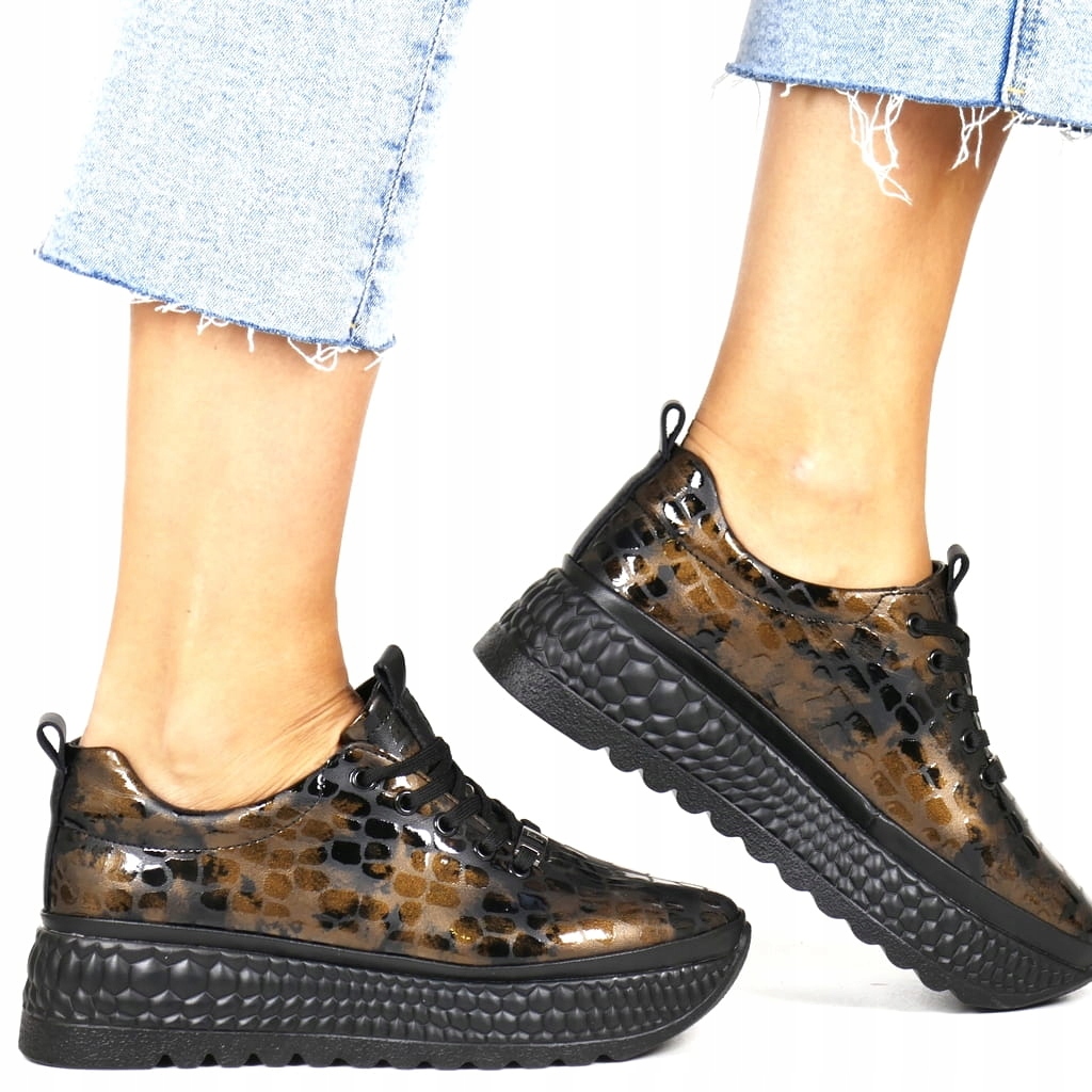 Dámské Kožené Tenisky S Tlustou Podrážkou, Hnědý Matný Lak