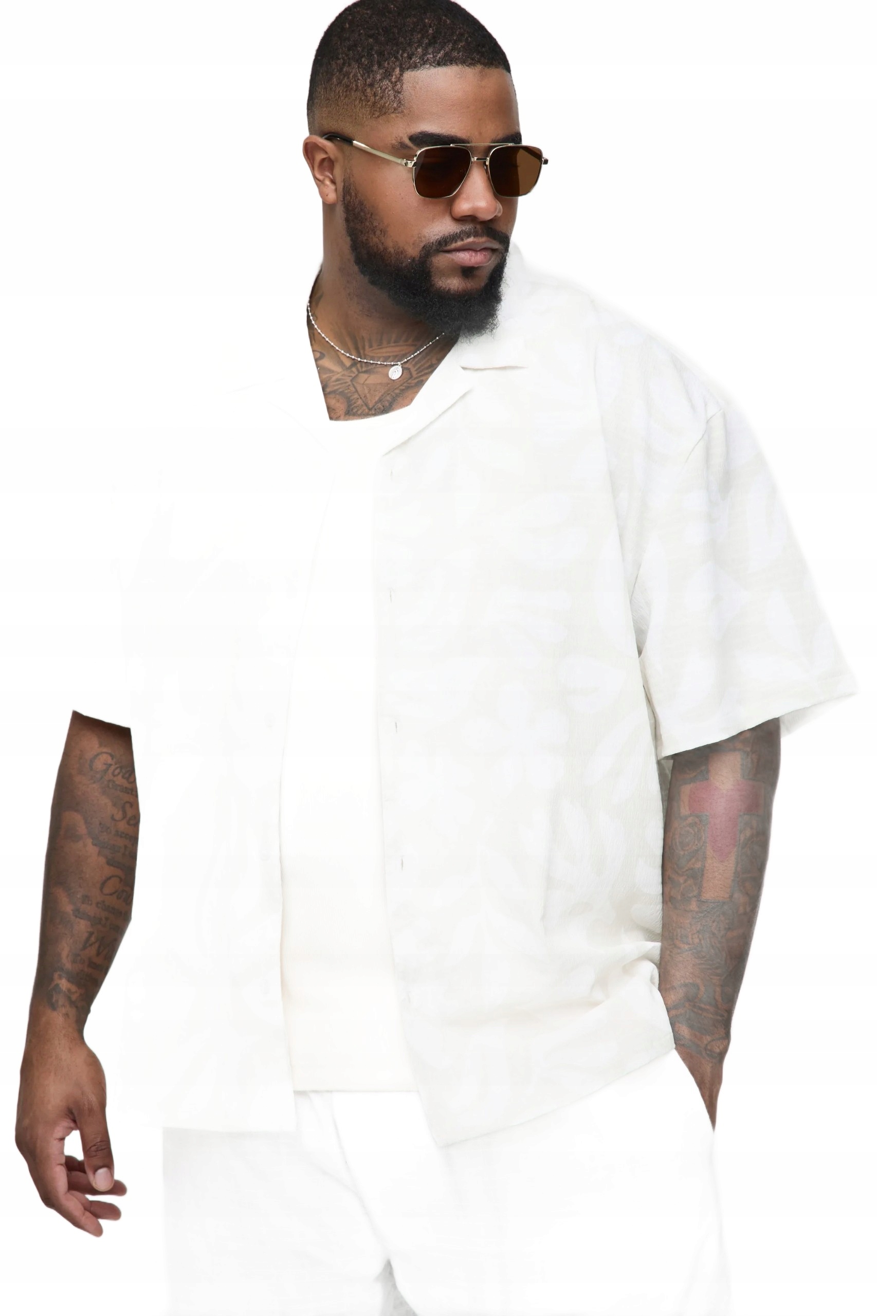 Boohooman Pánská Košile Krémová S Krátkým Rukávem Rostlinný Vzor 3XL Z3A