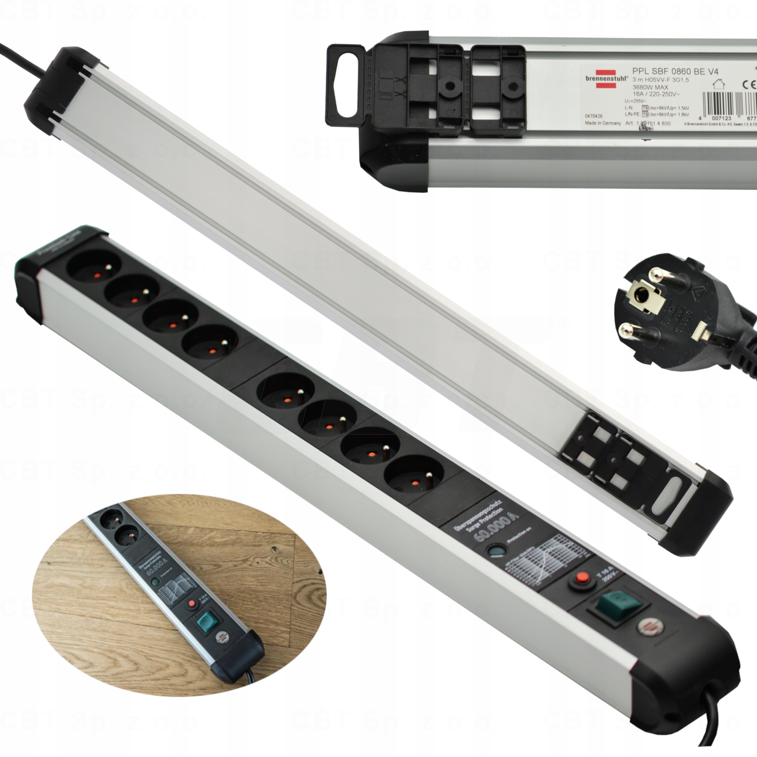 Listwa Przeciwprzepięciowa 60A 8 Gniazd 3M Bezpiecznik Warystor Wyłącznik