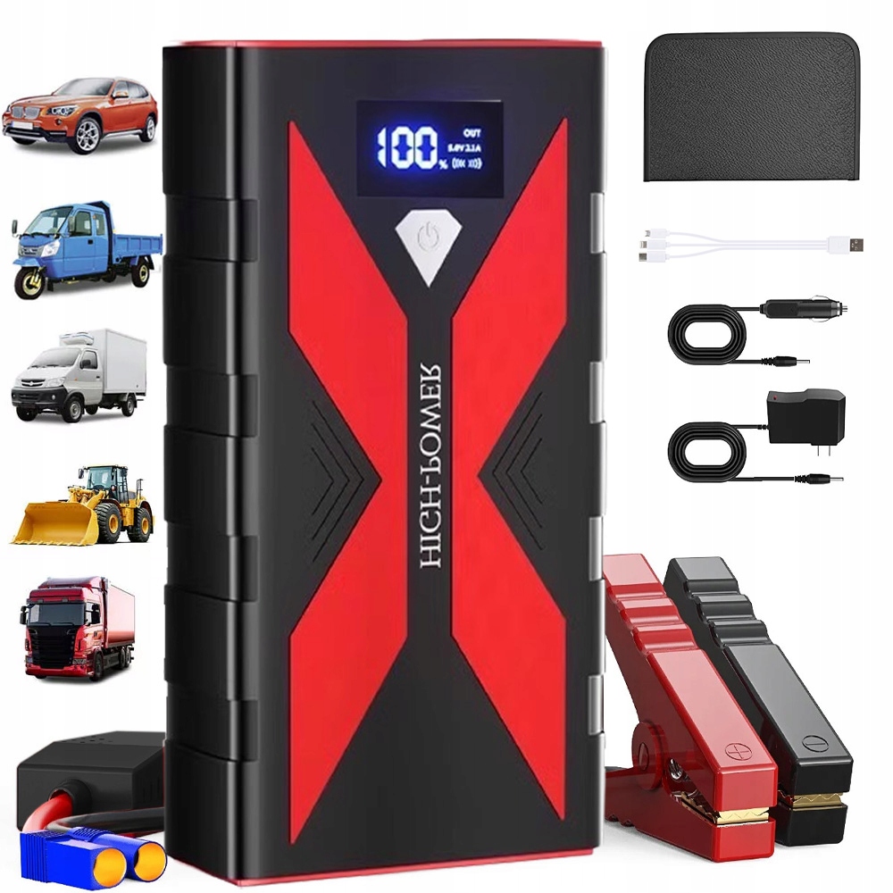 Jump Starter Rozruch Booster Powerbank Latarka Młotek Kable 1000A 8000MAH