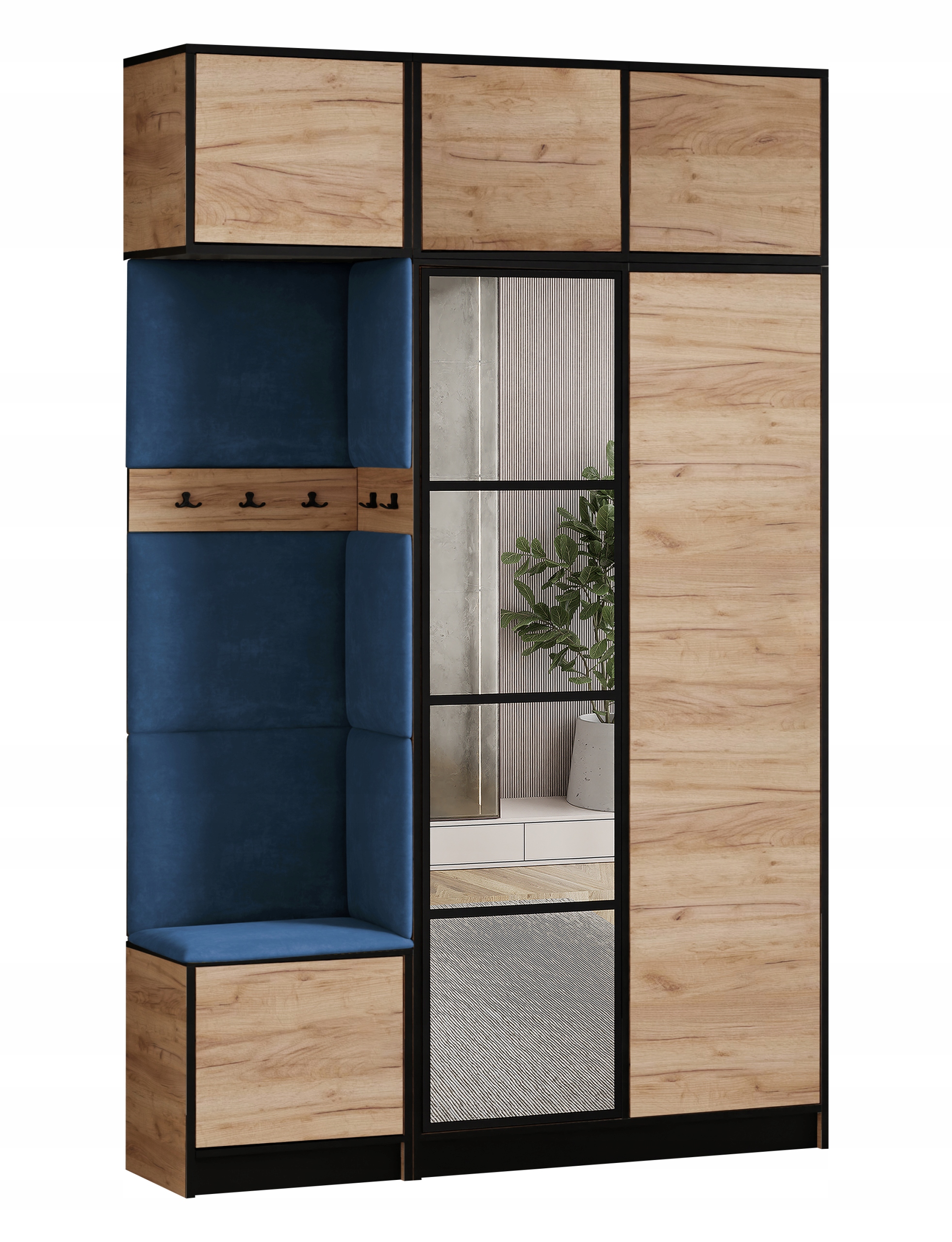 Šatní skříň Costa 13 dub craft modrá tkanina, sedák s nástavcem