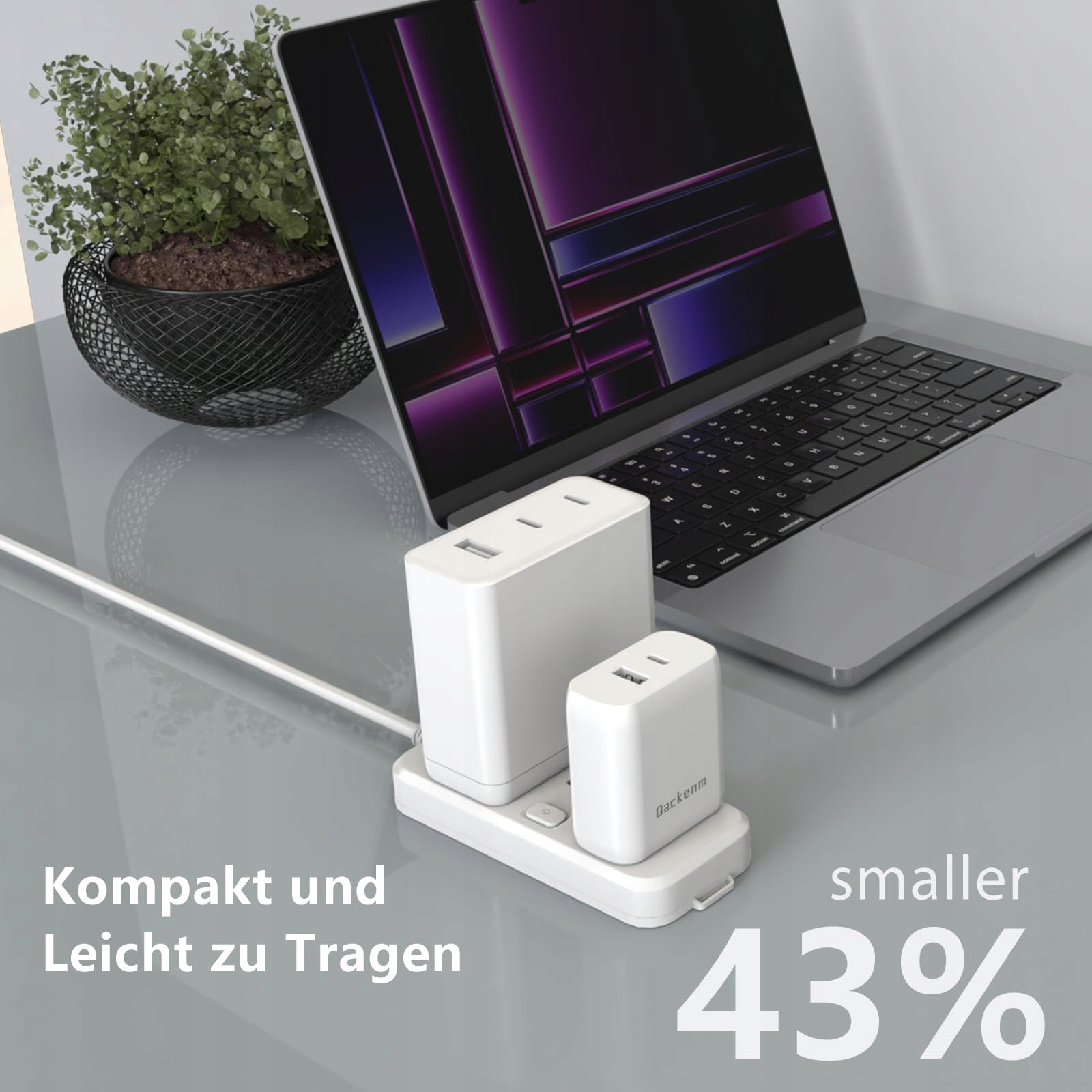 QACKENM Ładowarka USB C 65W GaN Szybkie Ładowanie 2-Porty Kabel 2M — miniatura 7