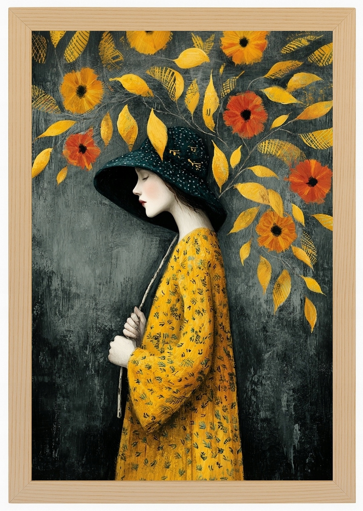 Rámeček Plakát , Dřevěná Grafika, Portrét, Žena, Podzimní Květiny, Listy, 40x60