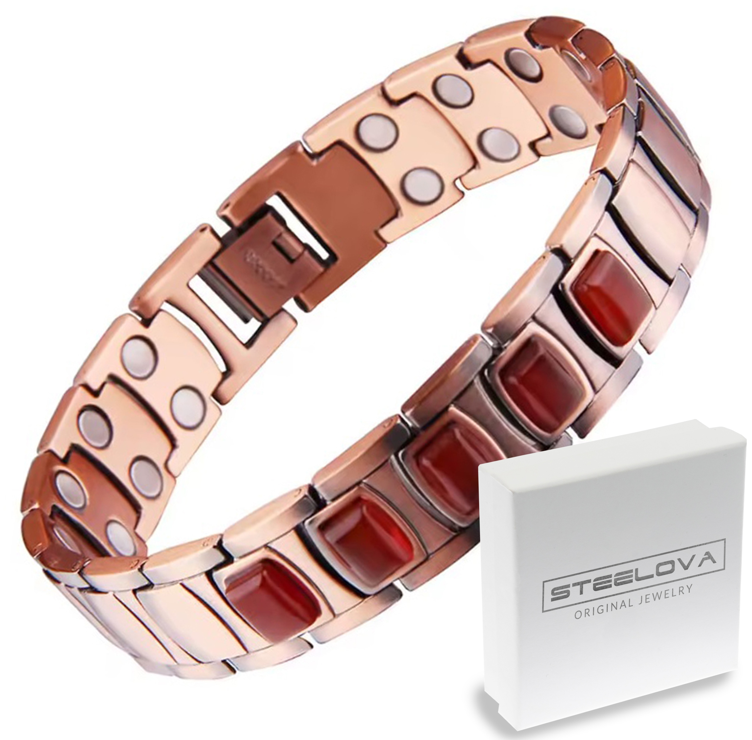 Elegantní měděný náramek s červenými jaspisy 21 cm Krabička