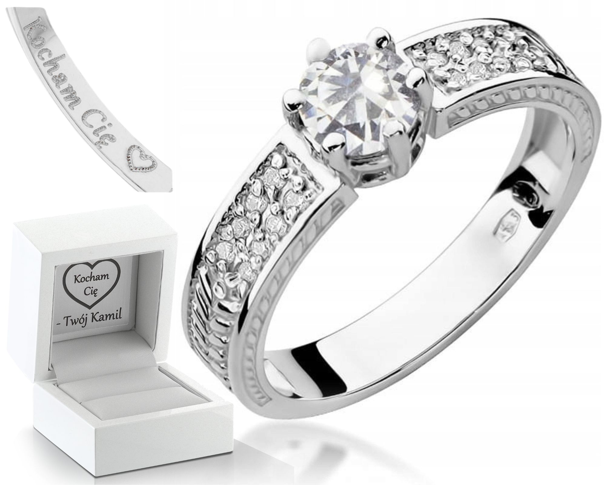 Zlatý Prstýnek Bílý Safír Brilianty Bílé Zlato 585 Gravírování