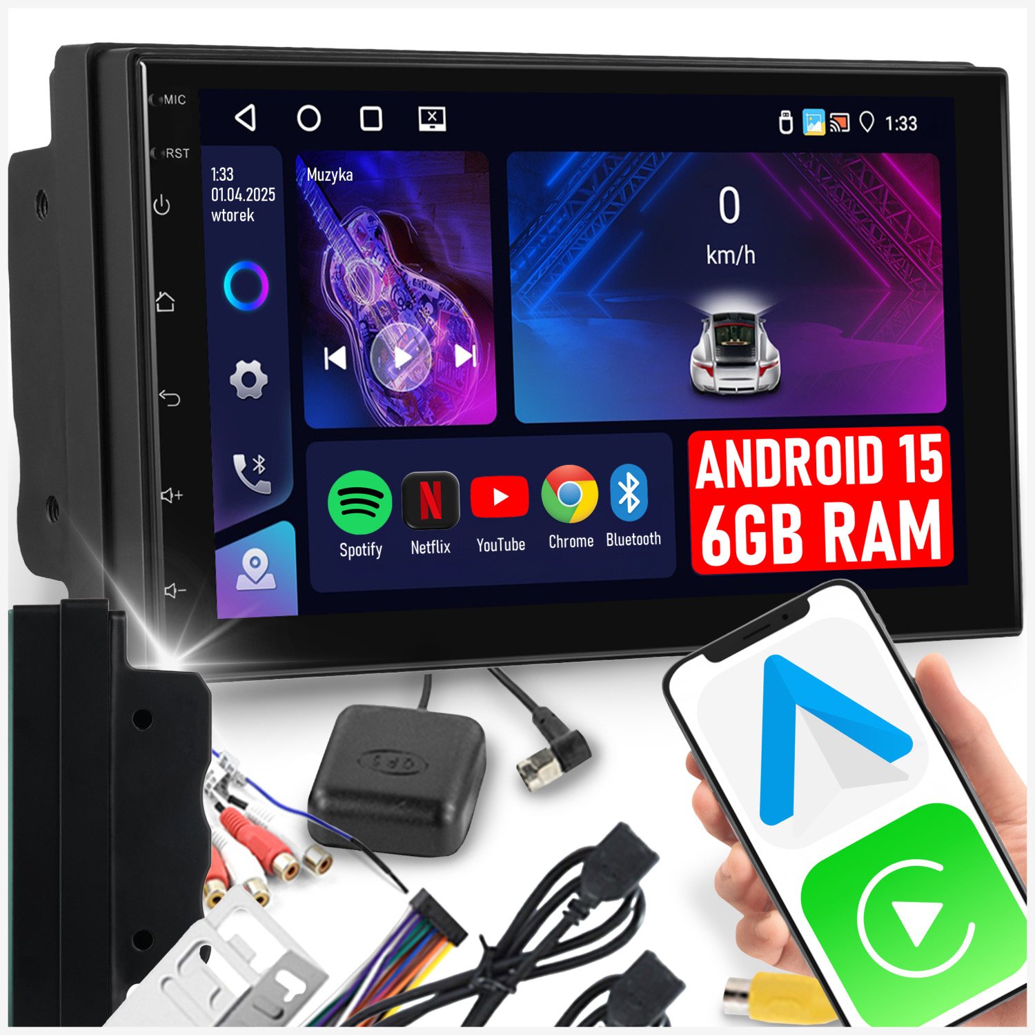 Autorádio 2DIN Android Auto Carplay 6GB Ram Rds Fm 7 Palců Navigace