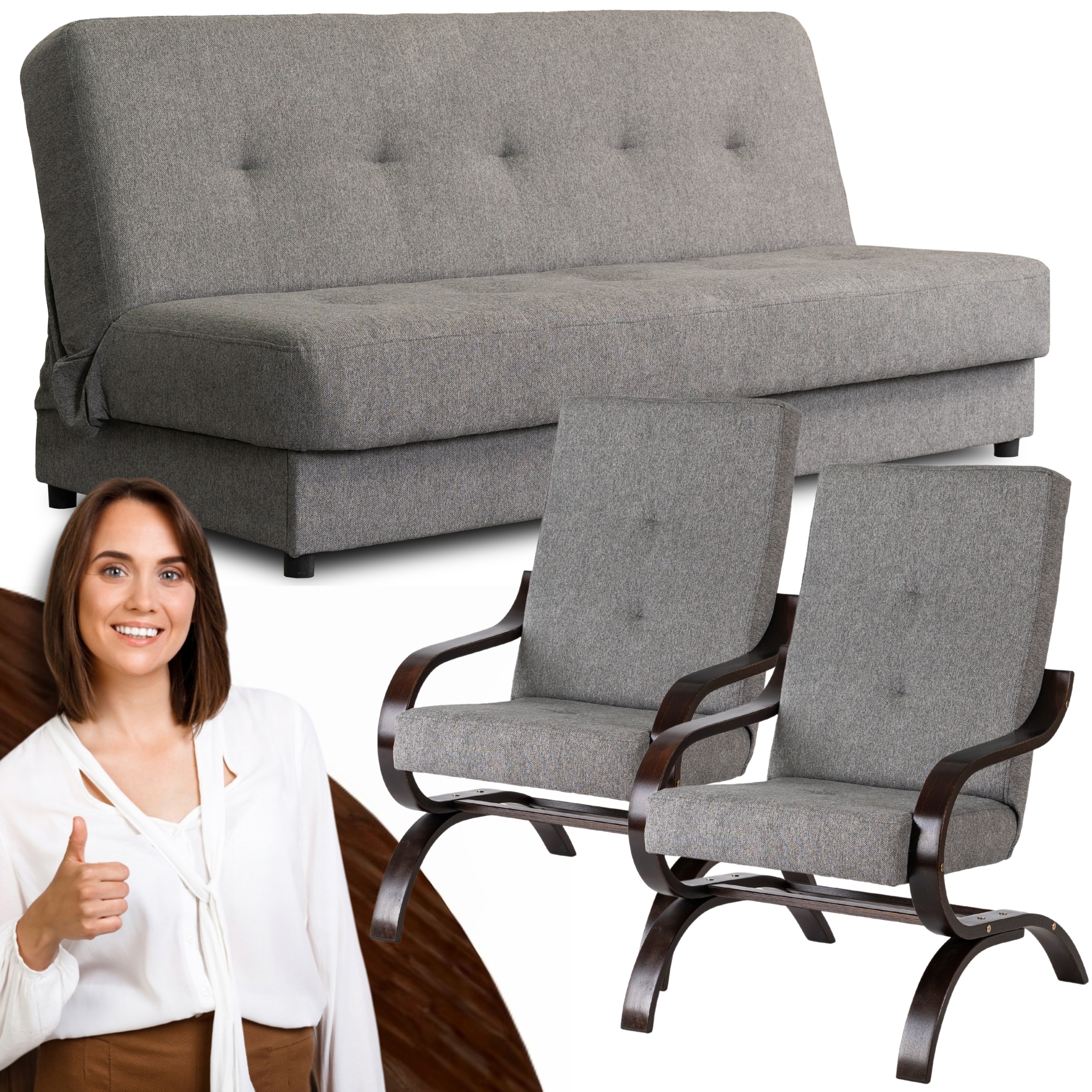 Sada nábytku Rozkládací pohovka Šedá a 2 křesla Šedá Aruba