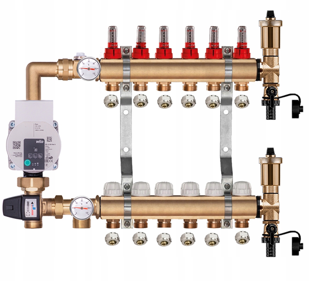Mosazný rozdělovač pro podlahovku 7 s Čerpací Skupinou Wilo Pex Spojky