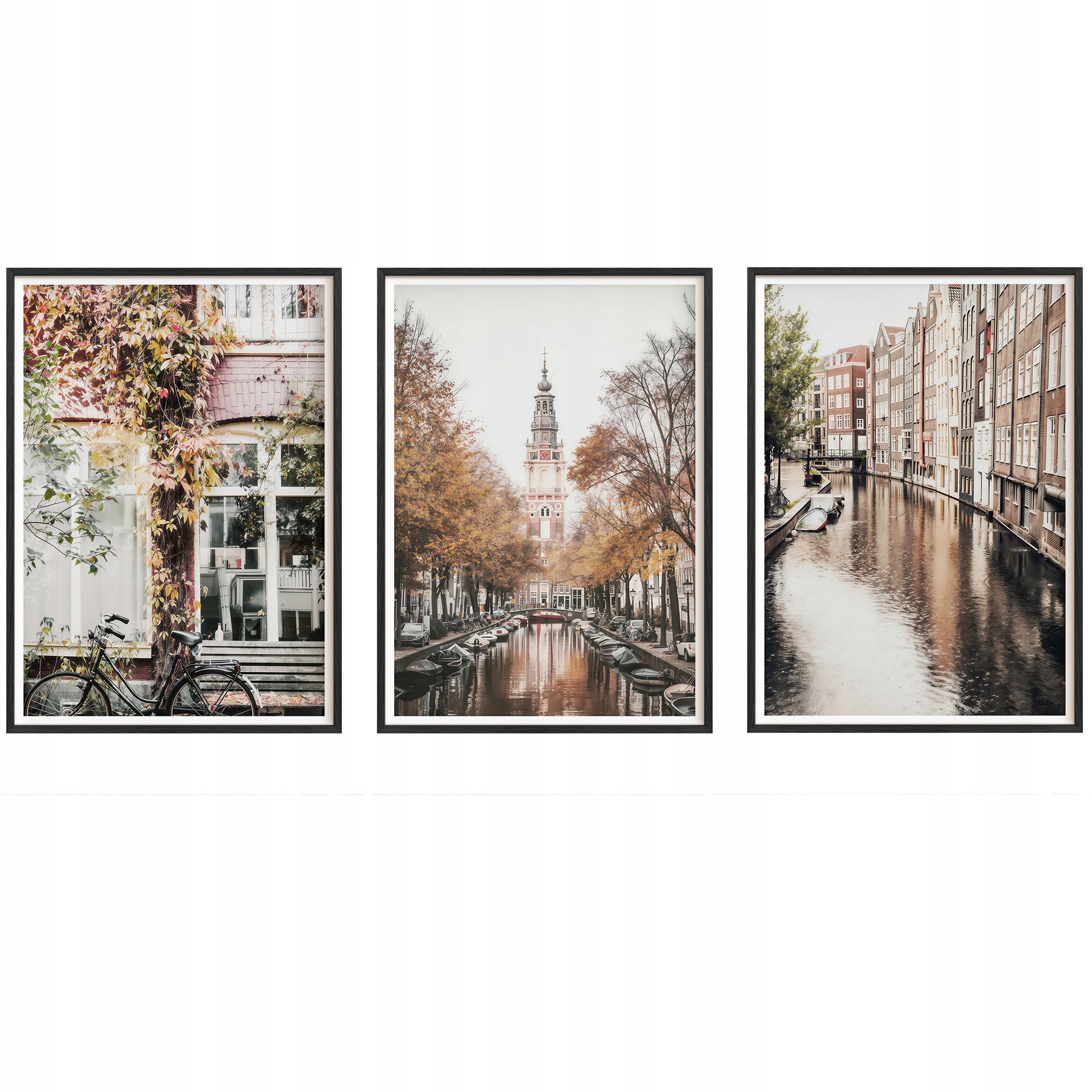 Obrazy Amsterdam Jeseň Kanály Plagáty Drevené rámy Čierne 3ks 30x42 cm