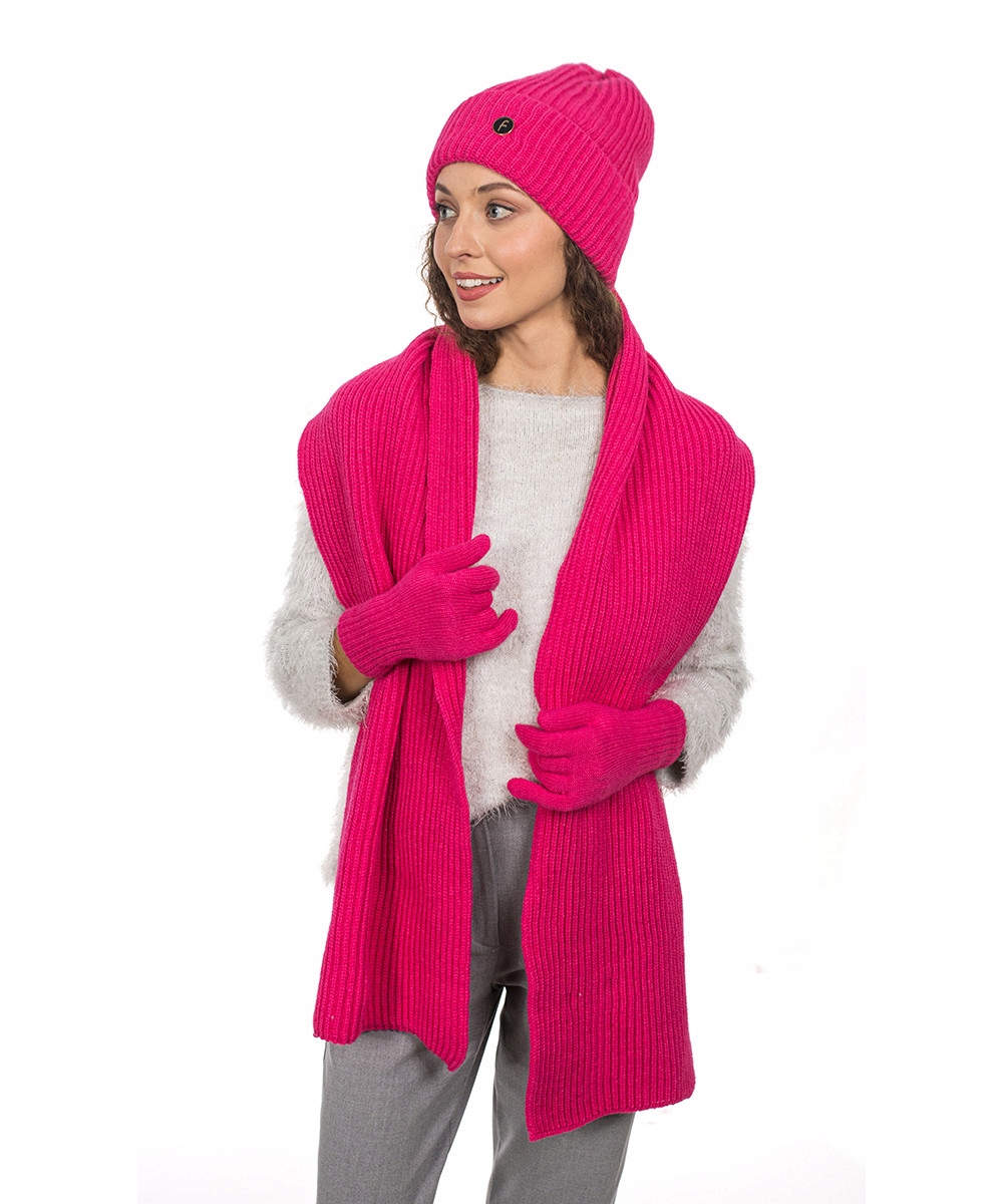 Sada: Čepice, Dlouhá Šála a Rukavice 3v1 Teplá Zimní Stylová Fuchsia