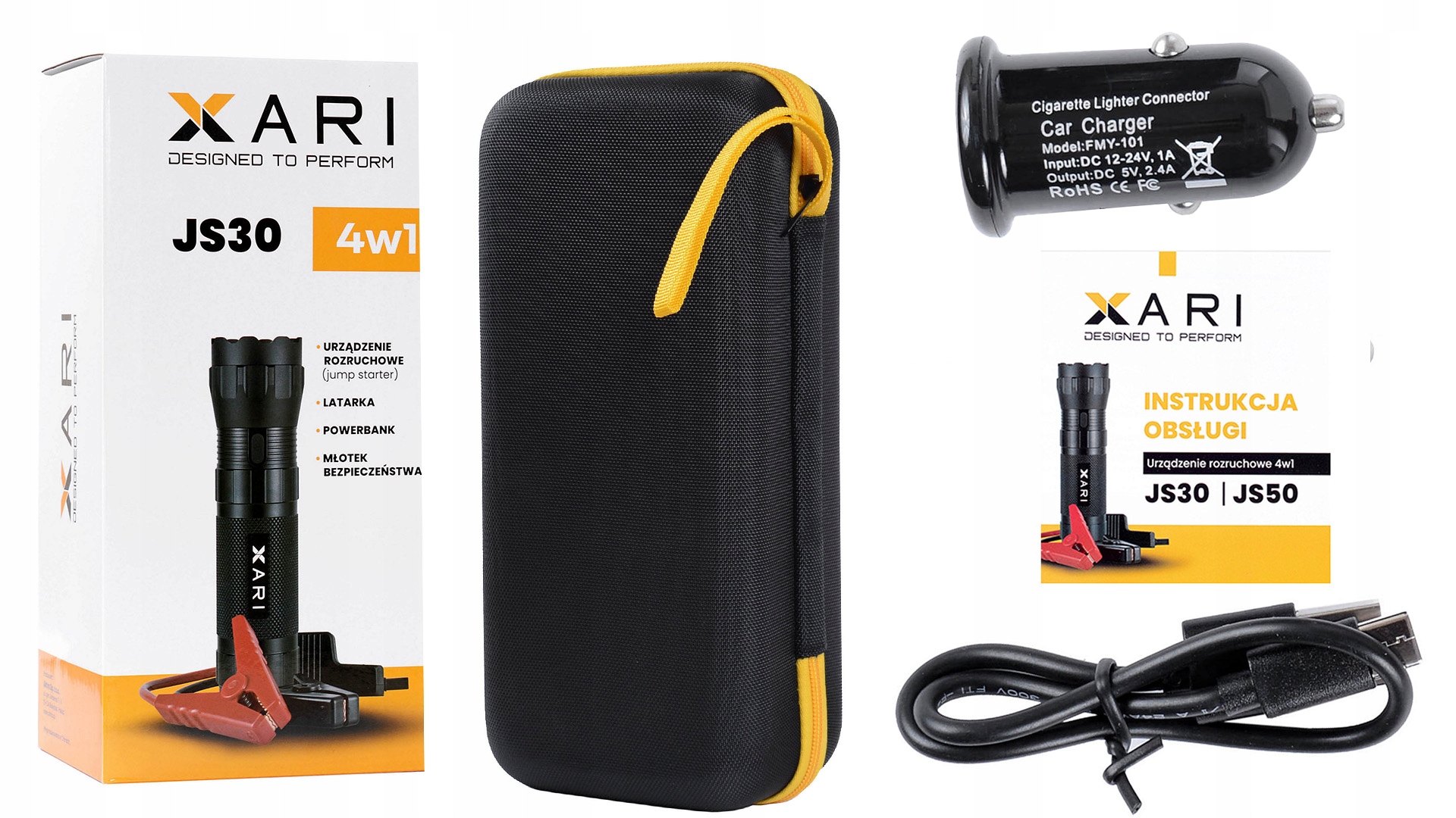 Urządzenie rozruchowe 4w1 Jump starter latarka powerbank młotek Xari JS30 Informacje o bezpieczeństwie CE