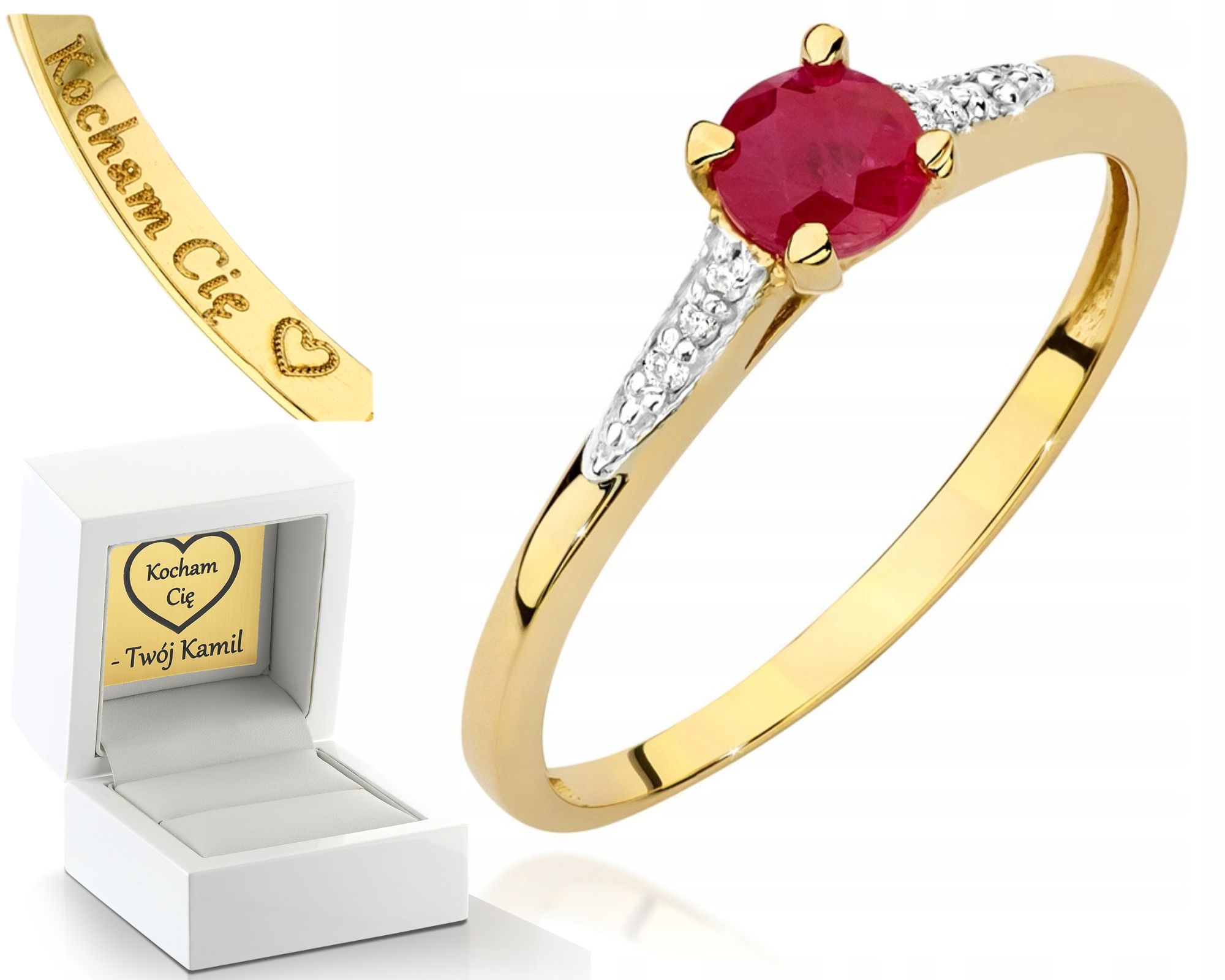 Zlatý Prstýnek Rubín Brilianty Gravírování 585 14K