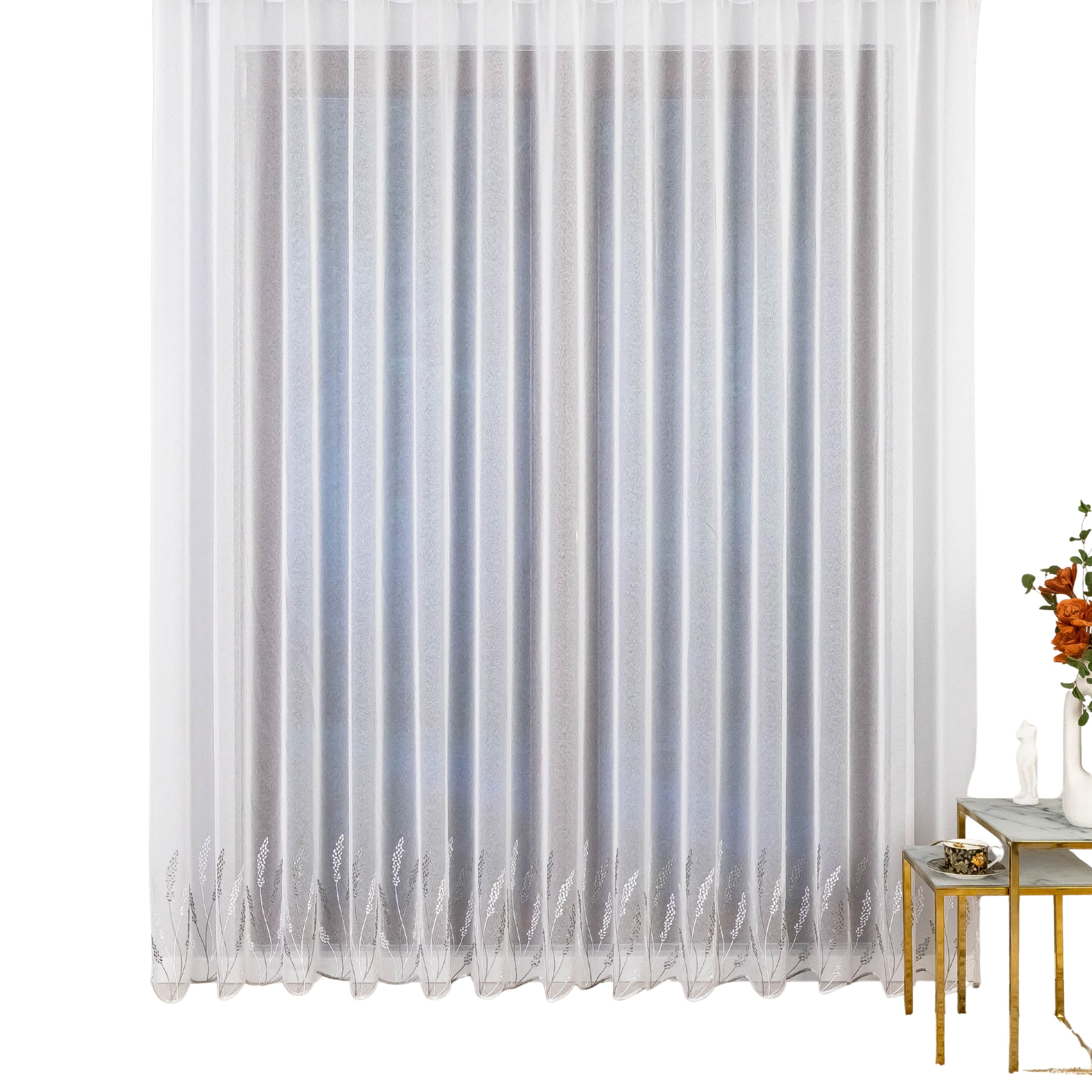 Hotová záclona s výšivkou a řasící páskou – markýza hladká 350X170