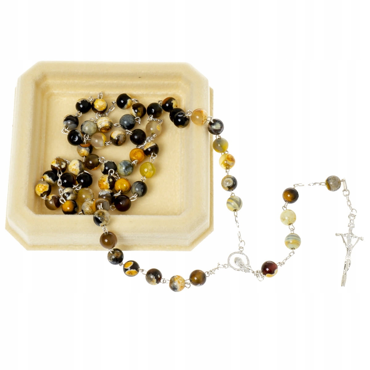 Stříbrný růženec z kamenů Achát Dračí oko Žlutý dárek k biřmování