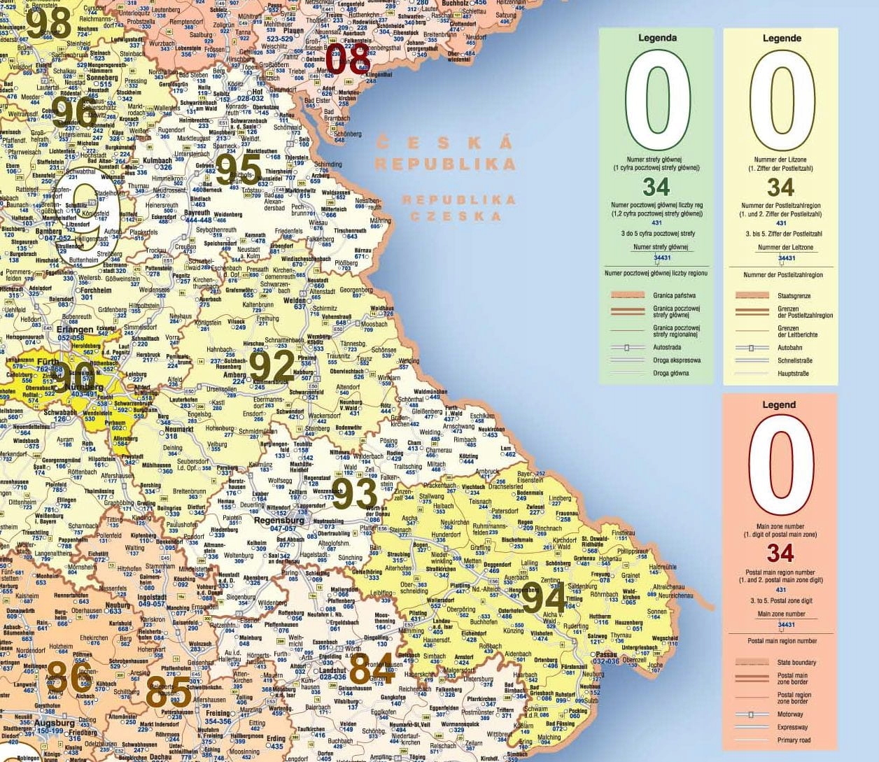 NIEMCY MAPA ŚCIENNA KODOWA KODY POCZTOWE STRONG RURKI PCV Okładka laminowana