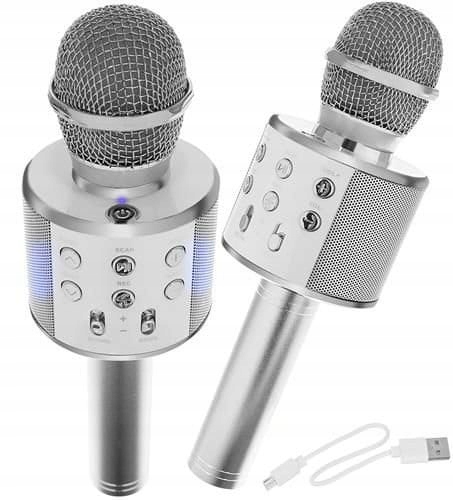 MIKROFON KARAOKE BEZPRZEWODOWY USB BLUETOOTH SREBRNY Z GŁOŚNIKIEM 3 W 1
