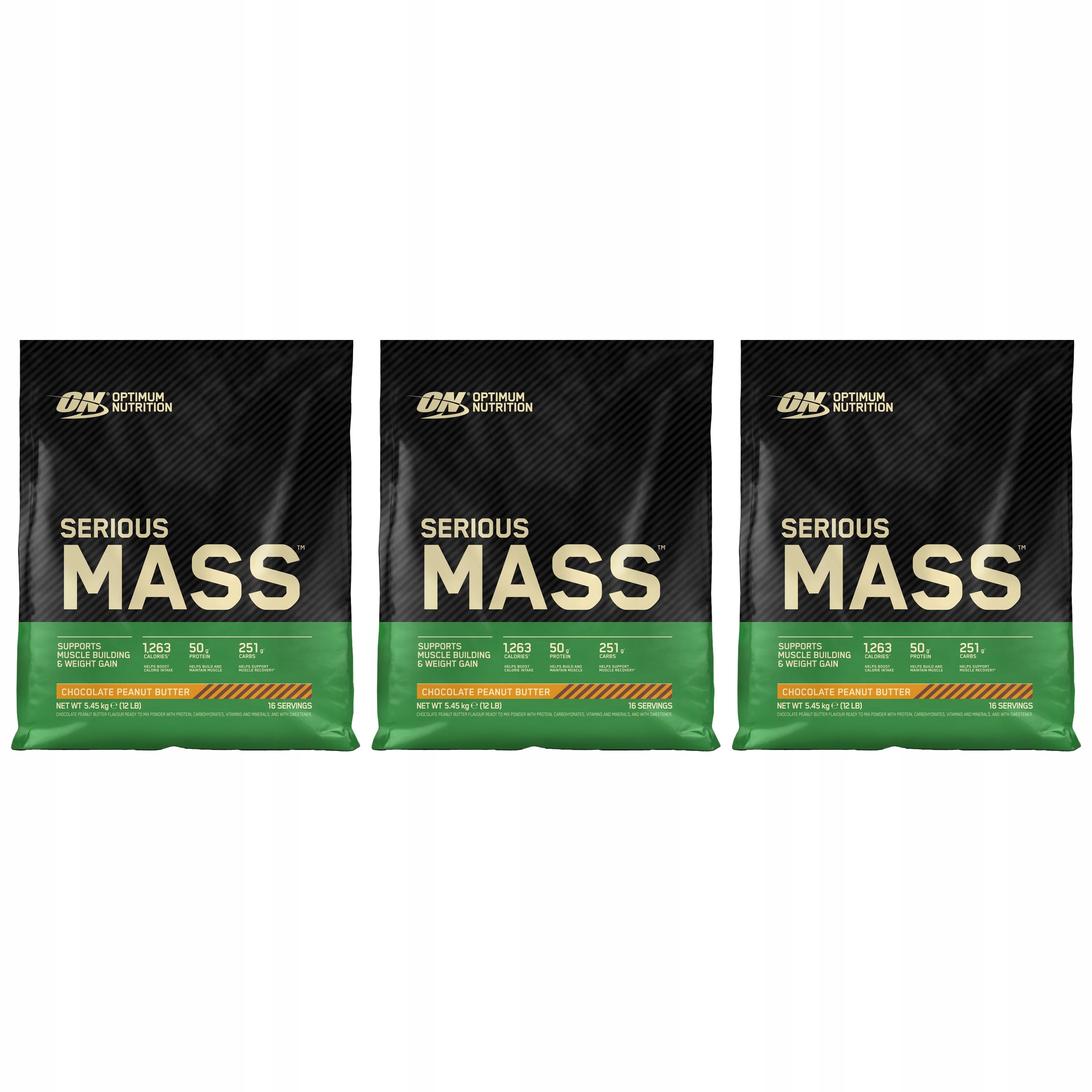3x Optimum Nutrition Serious Mass 5,45 kg Gainer Masa Čokoláda Ořechový krém