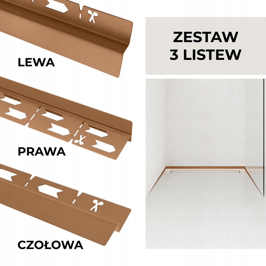 Sada lišt pro odtok Vogi Čelní+Spádová+Stěnová Měděná 120 cm