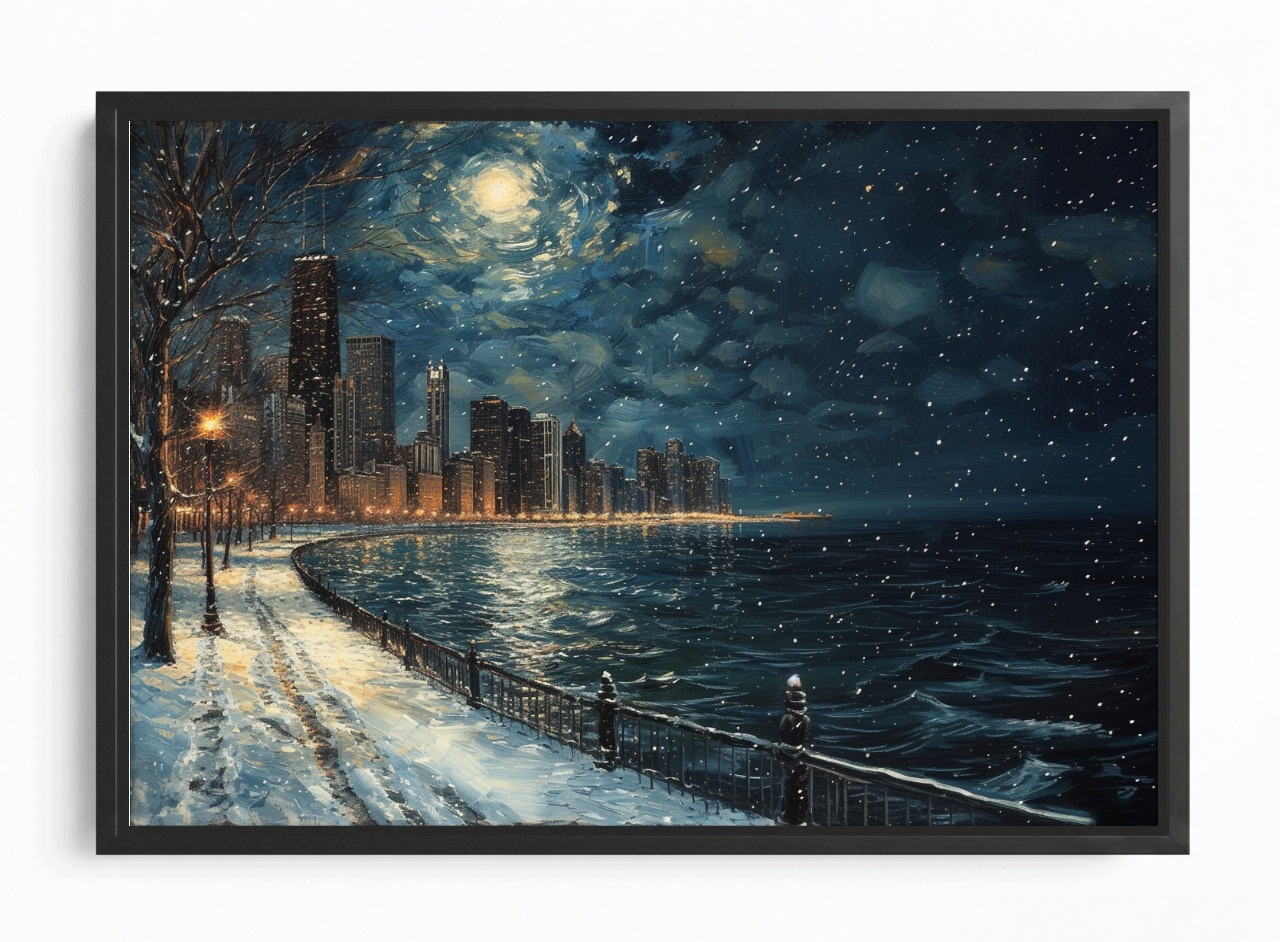 Obraz Rám American Box Noc Panorama Chicago Zima Sníh Hvězdy 60x40