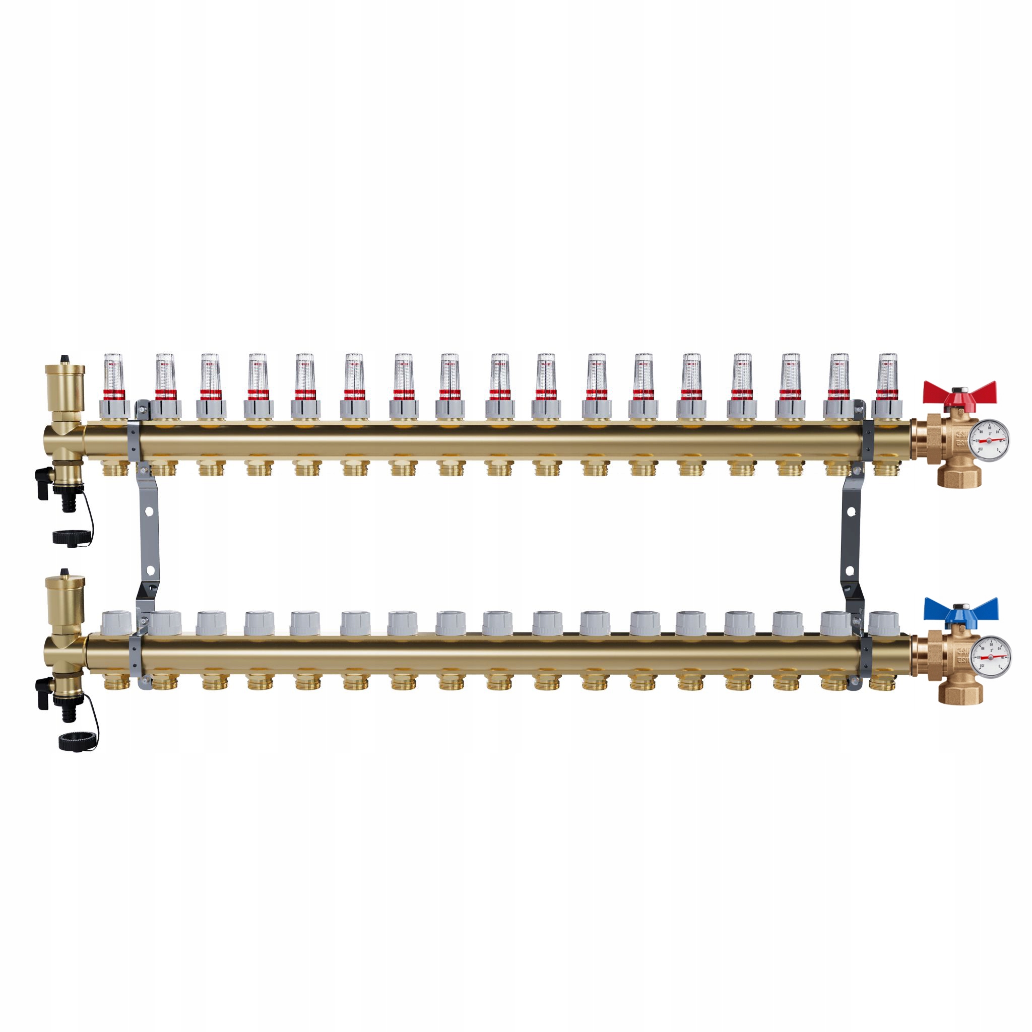 Rozdělovač mosazný Podlahovky 17 okruhů Kulové ventily Teploměr