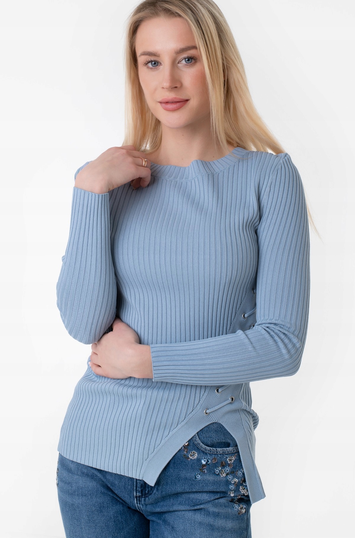 Guess Světle Modrá Žebrovaná Halenka (L)