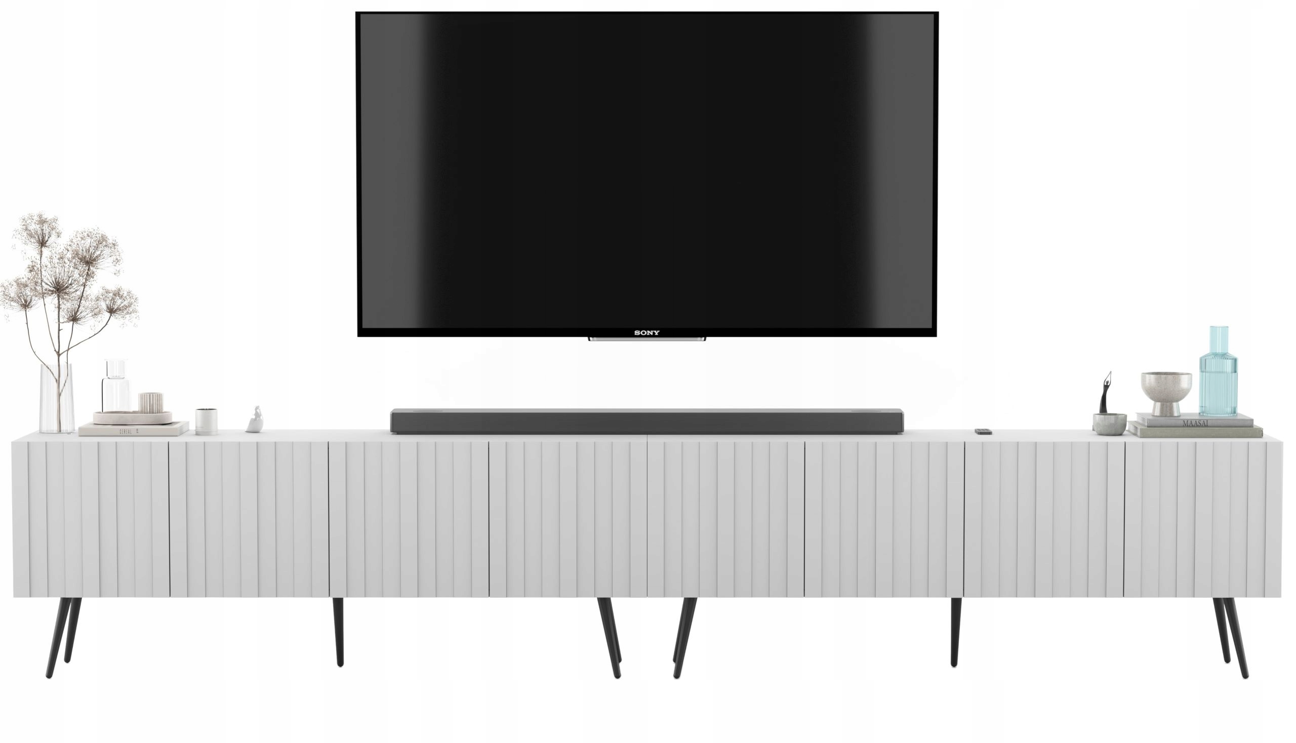 Szafka Rtv Glamour Biały Mat Ryflowane fronty Komoda Rtv 300 cm Nogi czarne