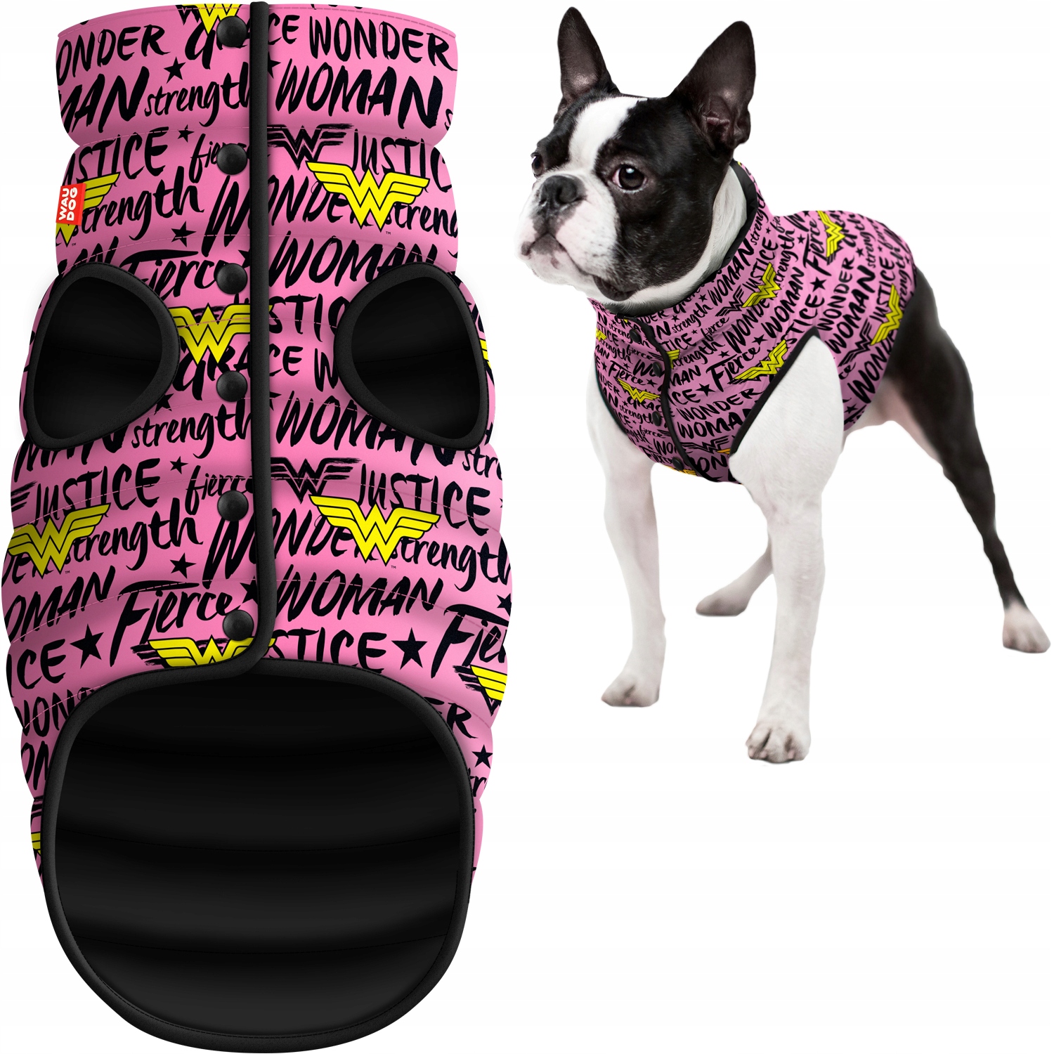 Levně Bunda pro psa na zip, teplá, lehká, Wonder Woman růžová, M/L (M47)