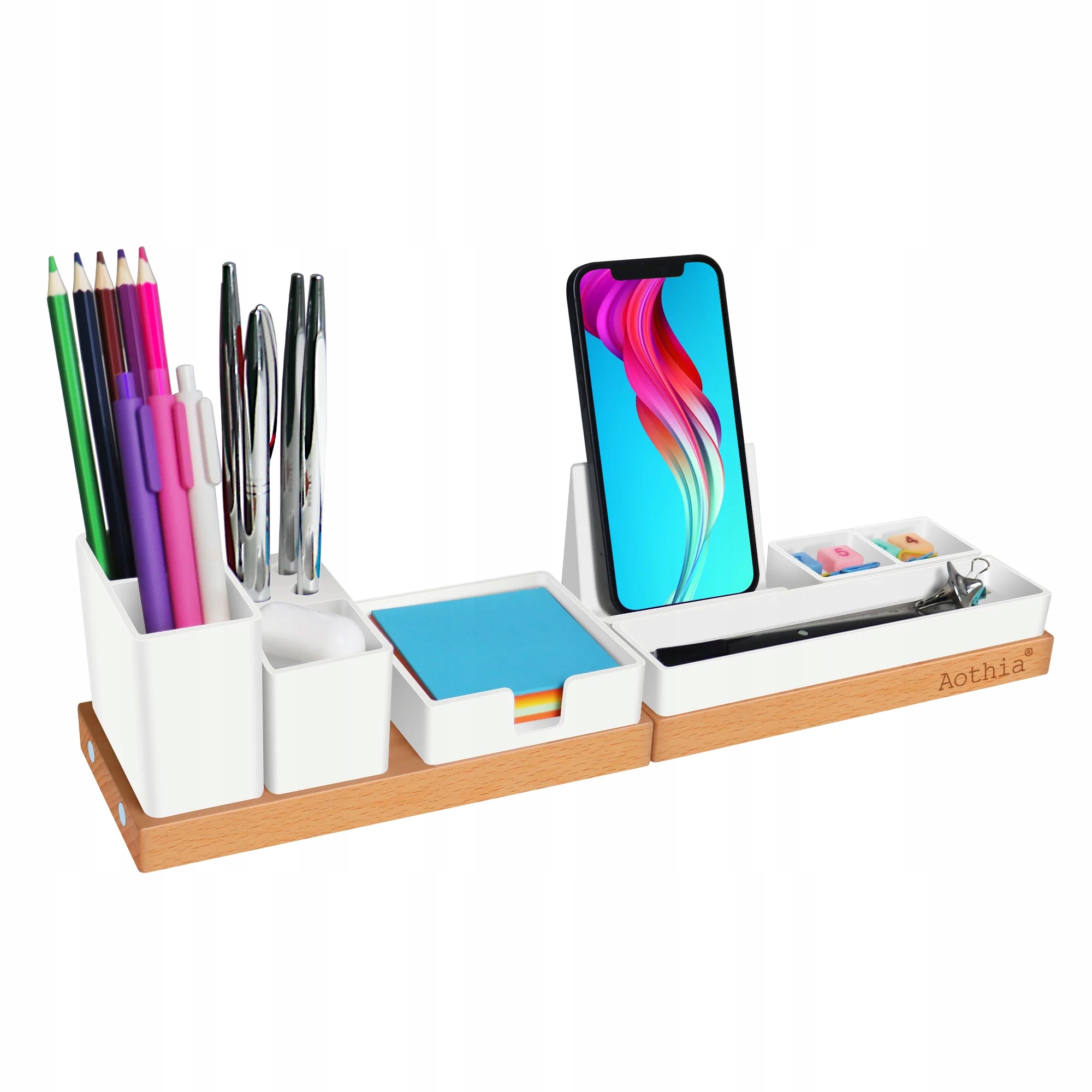 AOTHIA Organizer Biurkowy Drewniany Regulowany Czarny Stojak Na Telefon — miniatura 8