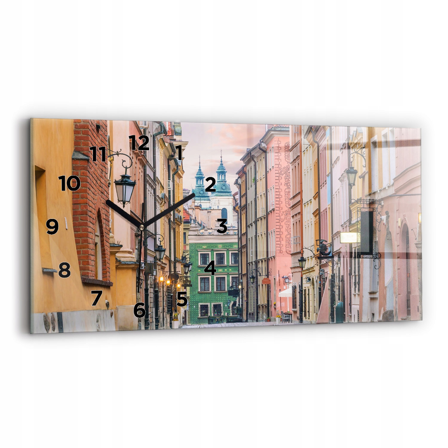 Velké horizontální skleněné hodiny do bytu Staré město ve Varšavě 60x30 cm