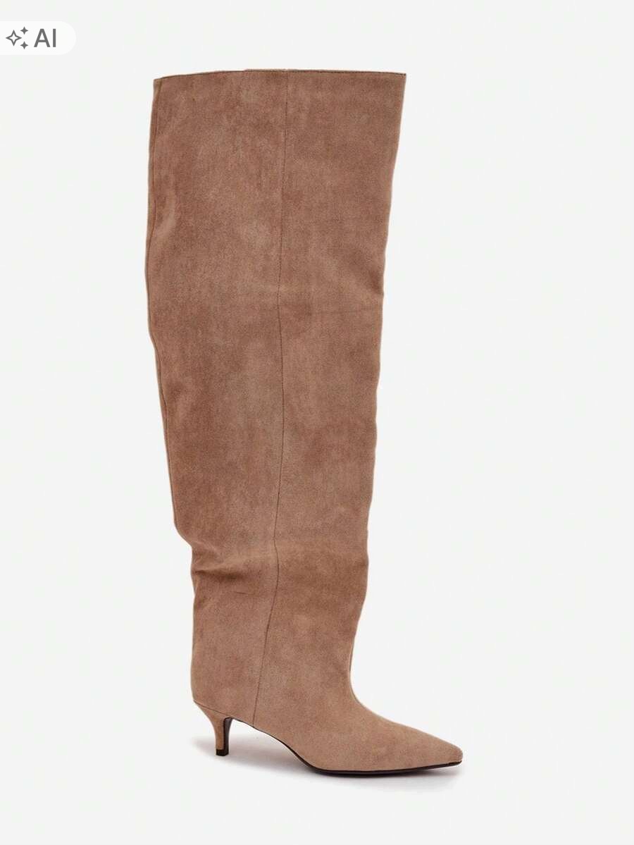 Shein Béžové Kozačky Mušketýrky Semišové Na Sloupku 40 1L