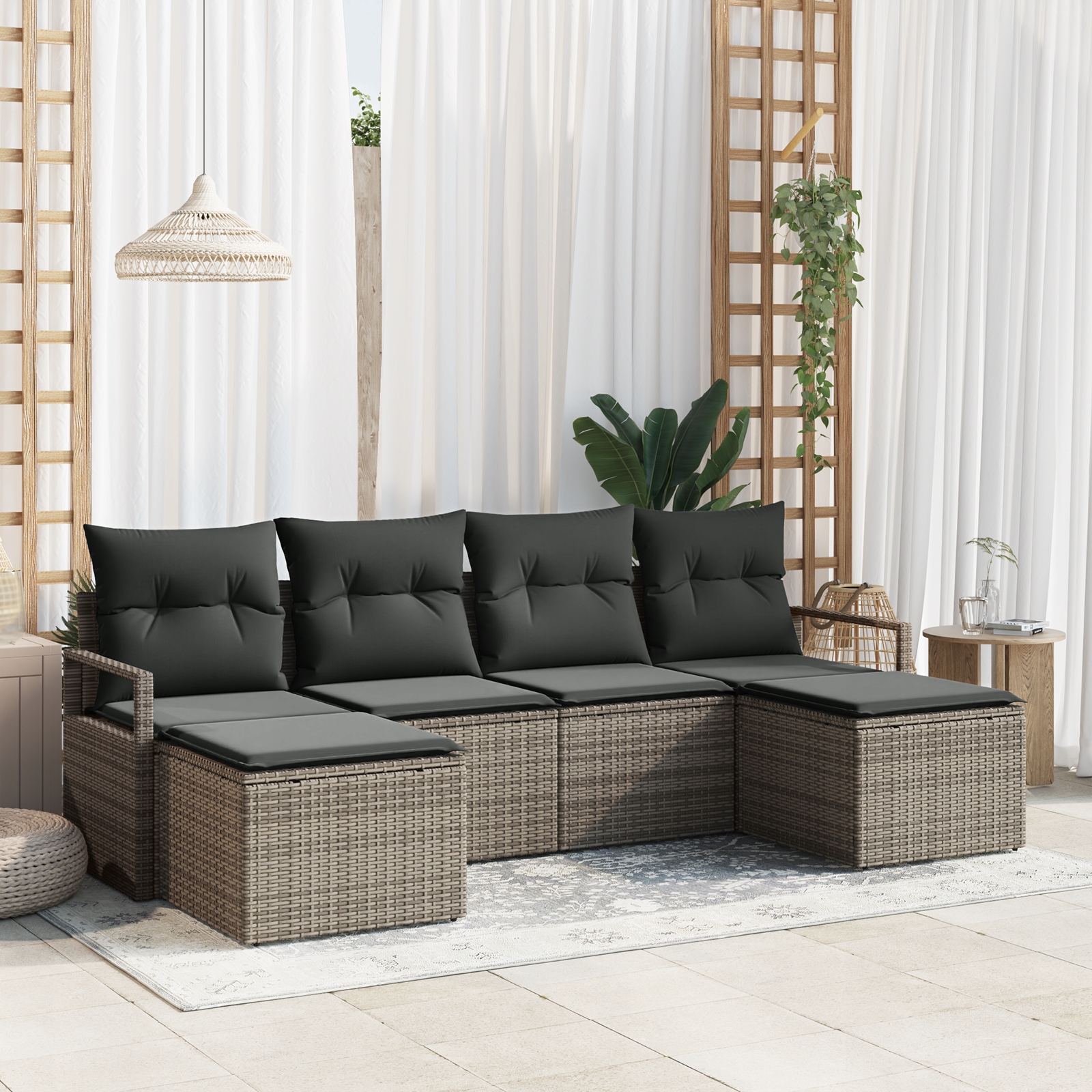 Zahradní sedací souprava z polyratanu, šedá, pro 5 osob, hloubka sedu 70 cm