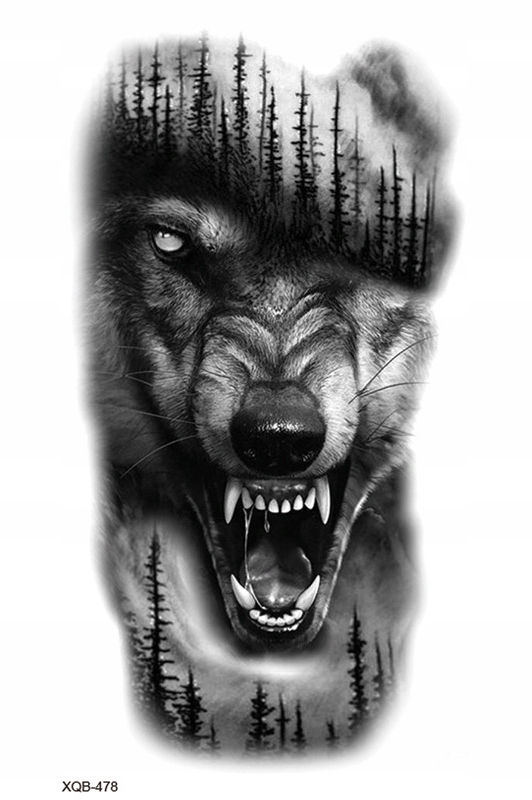 TATUAŻ TYMCZASOWY WILK Z OTWARTĄ PASZCZĄ I LAS TATUAŻ ZMYWALNY WODOODPORNY