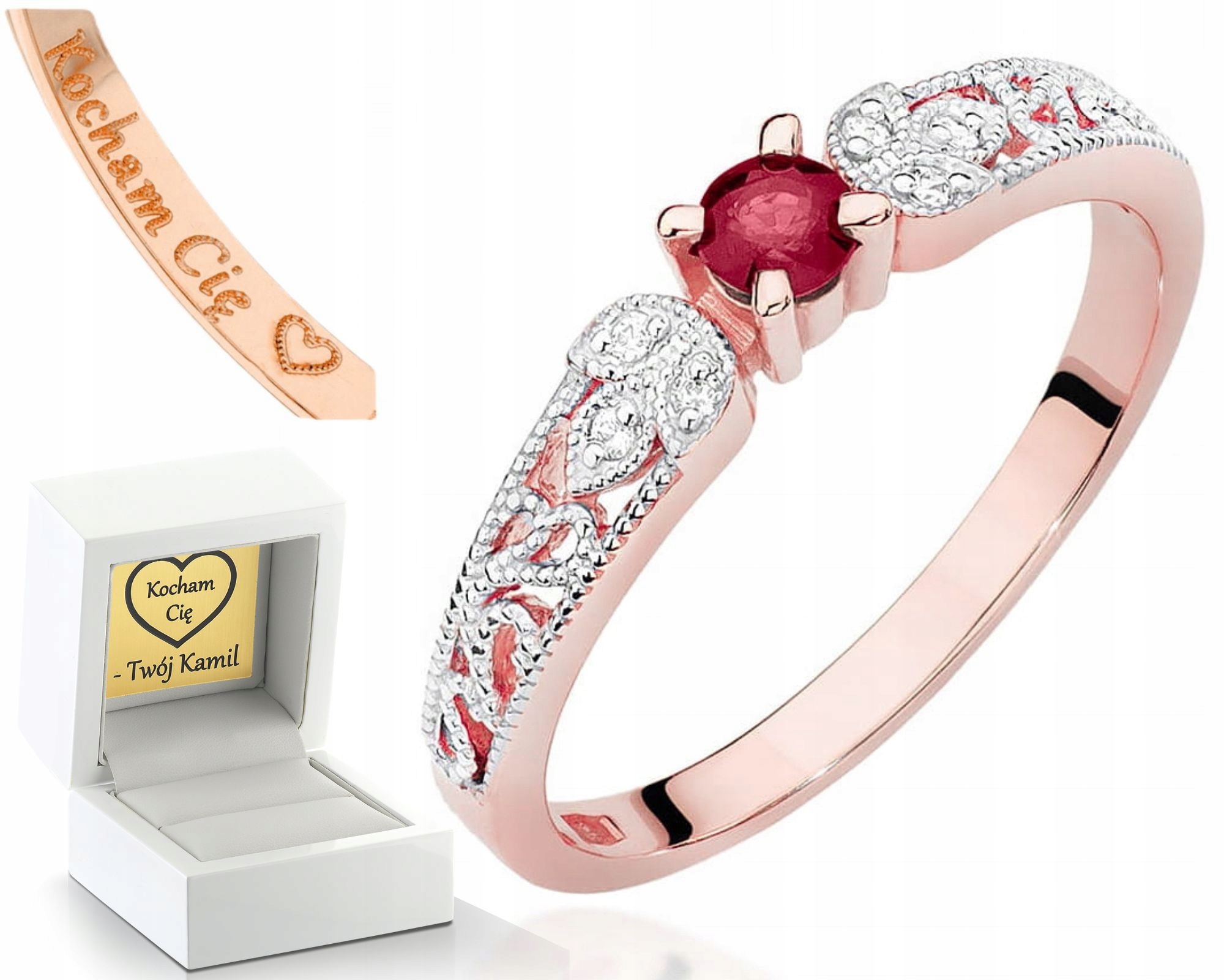 Zásnubní Prstýnek Růžové Zlato Rubín A Diamanty Gravírování 585 Dárek
