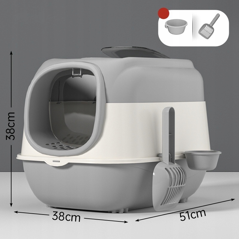 Velká toaleta pro kočky uzavřená proti rozsypání s víkem a příslušenstvím