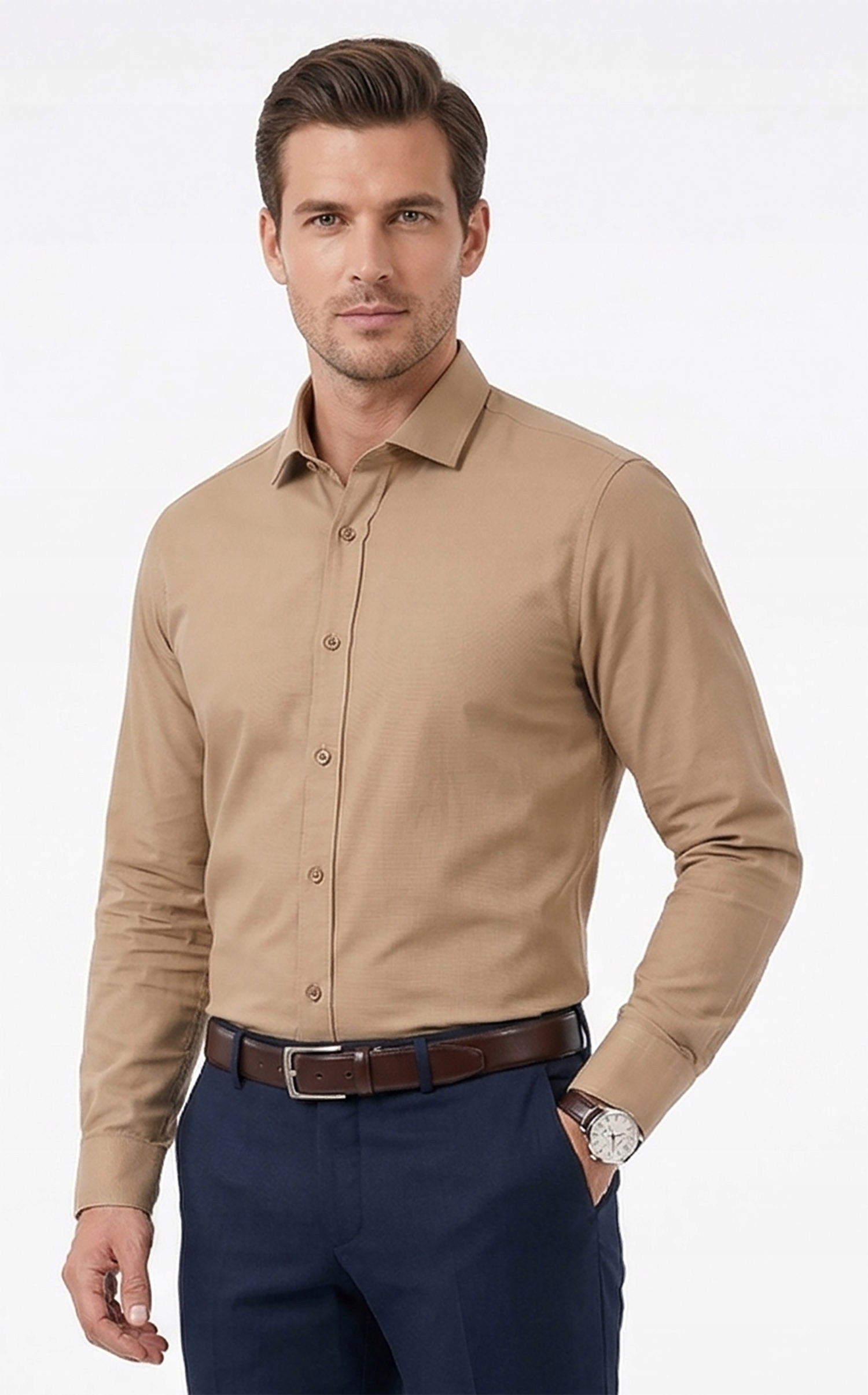 Koszula Męska Beżowa Bawełniana Wizytowa Casual Długi Rękaw M