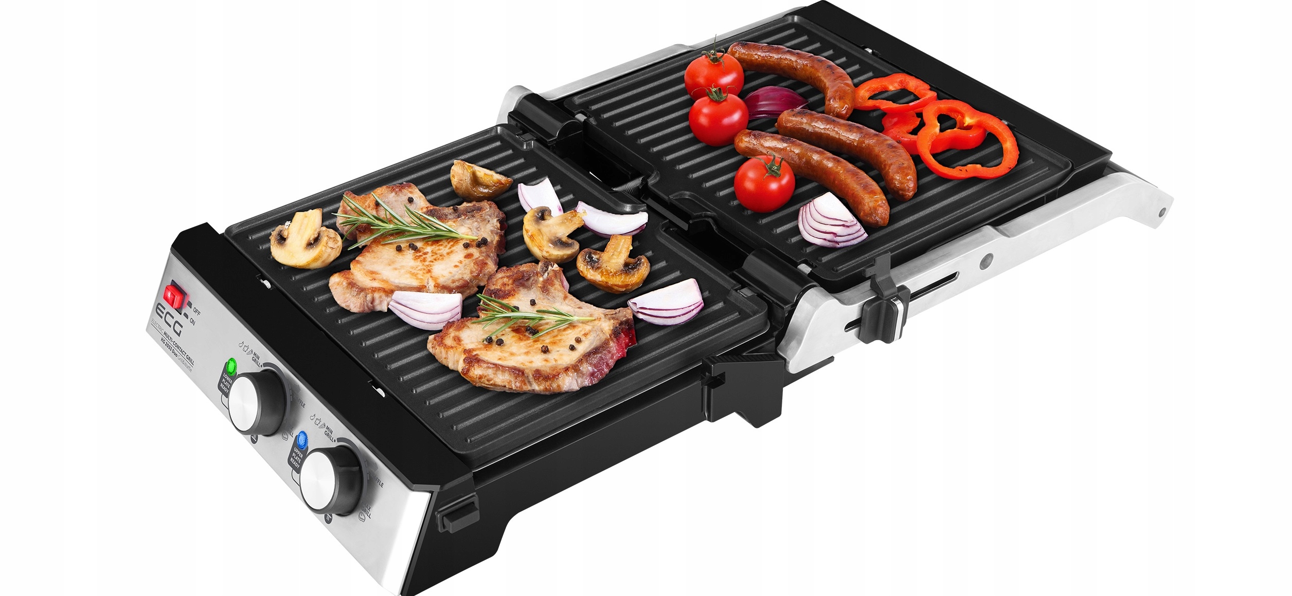 GRILL ELEKTRYCZNY ECG GOFRY PANINI BBQ OPIEKACZ 3w1 2000W SOLIDNY Głębokość produktu 35.5 cm