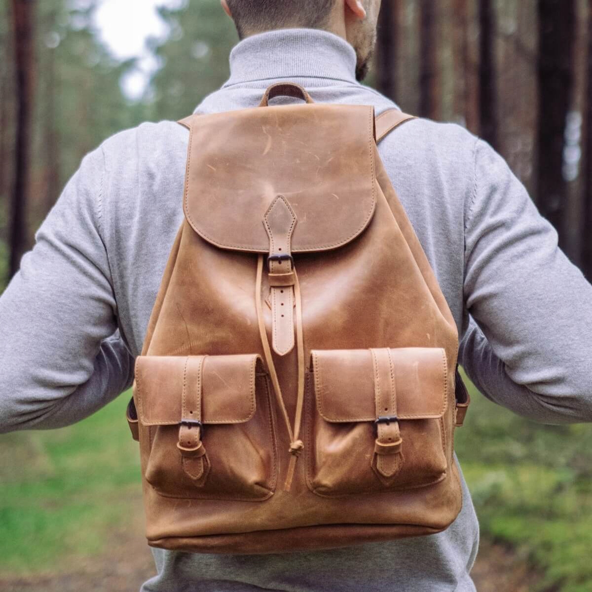 Polský kožený Batoh Vintage s klopou, světle hnědý Belveder Z72