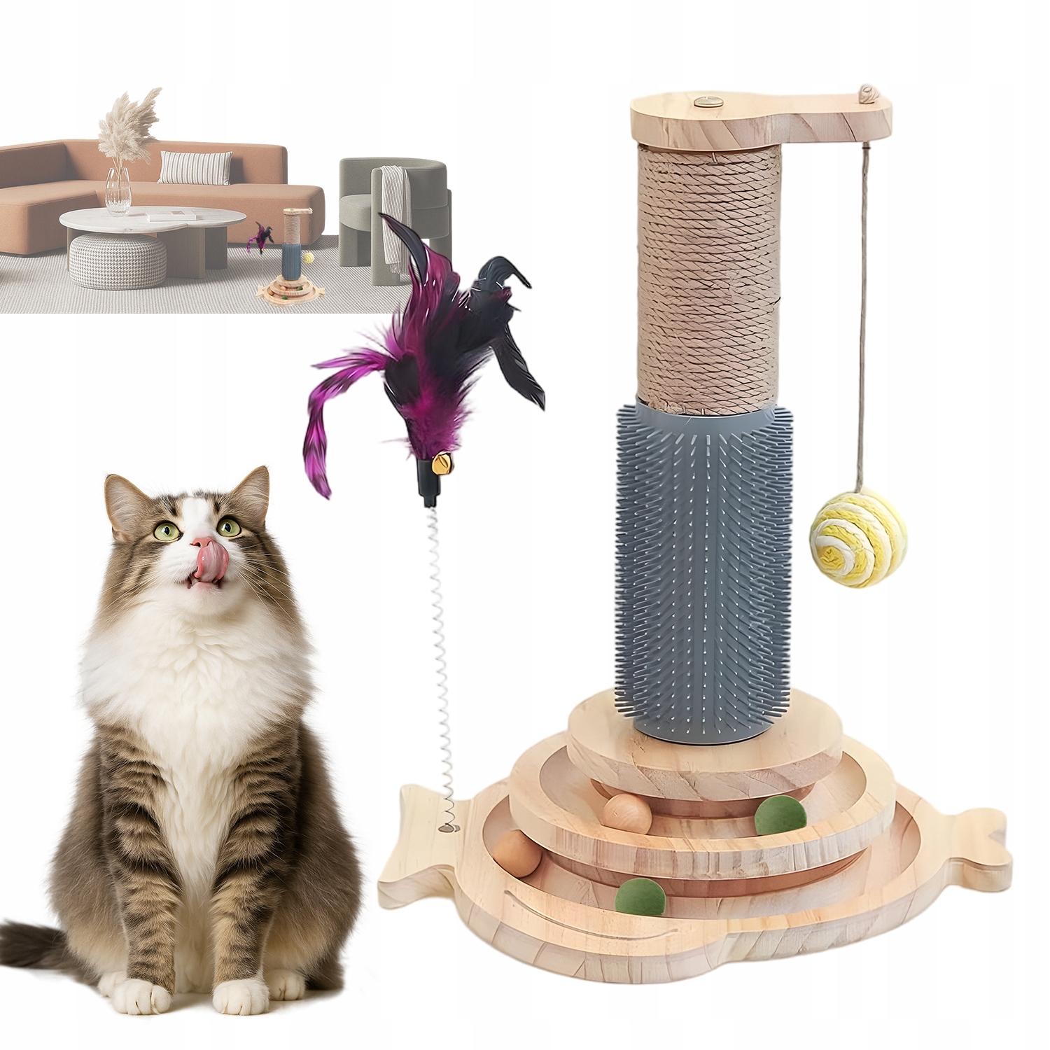 Levně Dřevěné Hračky Pro Kočky S Kuličkami A Péřovým Zvonkem