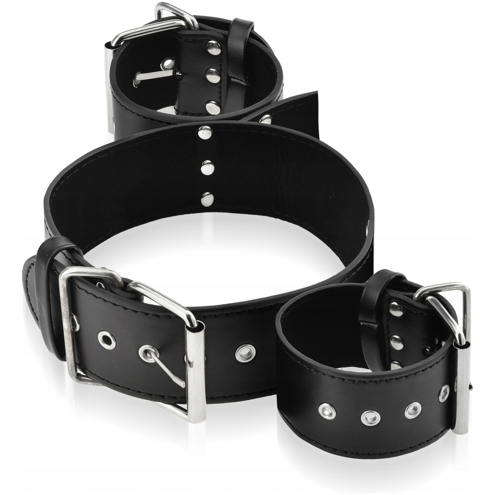 SKÓRZANA REGULOWANA OBROŻA Z KAJDANAMI SOLIDNA UPRZĄŻ BDSM BONDAGE ĆWIEKI