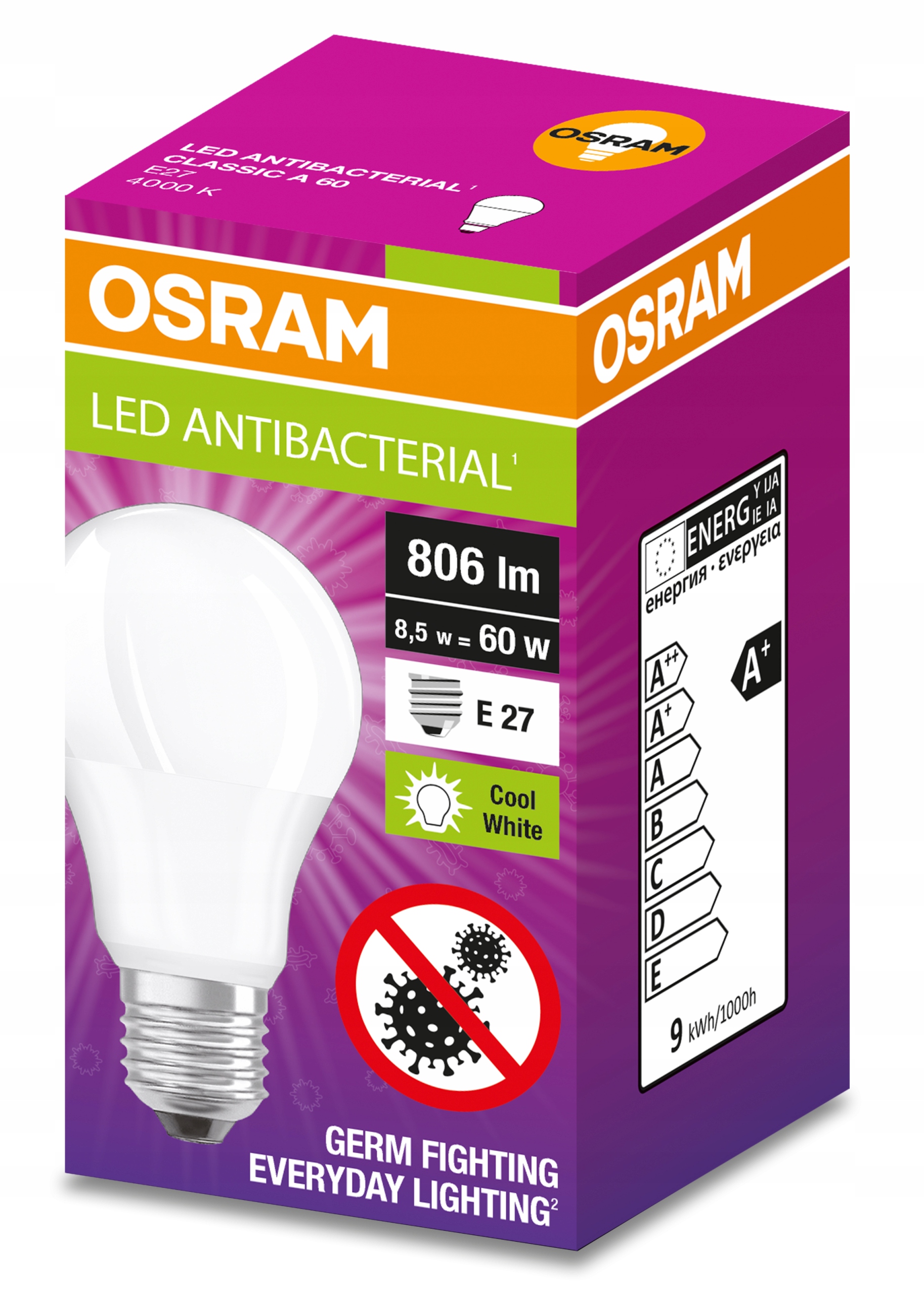 Żarówka LED ANTYBAKTERYJNA E27 8,5W OSRAM 4000K Klasa efektywności energetycznej F