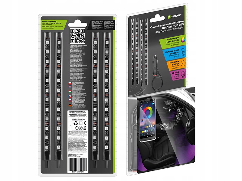 OŚWIETLENIE SAMOCHODOWE RGB LED DO AUTA WNĘTRZA STEROWANA PRZEZ BLUETOOTH Marka Tracer