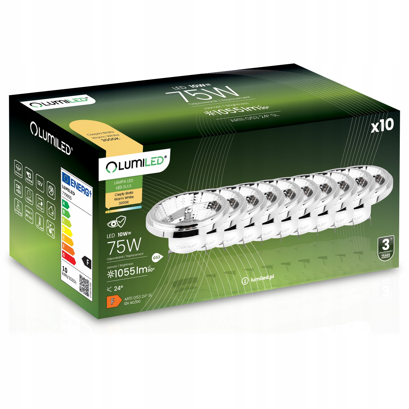 10x Led žiarovka G53 AR111 10W 75W 1055lm 3000K 24° 12V strieborná Lumiled