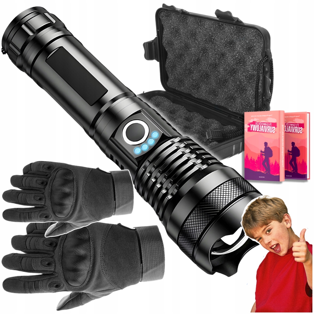 Komplet Turystyczny Survival Rękawice r. XL Latarka Wielofunkcyjna Led