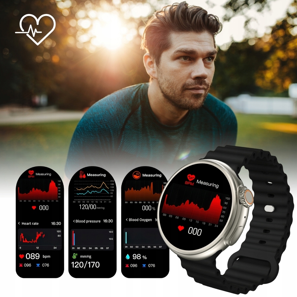 Smartwatch Zegarek Metal AMOLED menu PL Rozmowy EKG Android iOS + 2 paski Kolor koperty srebrny