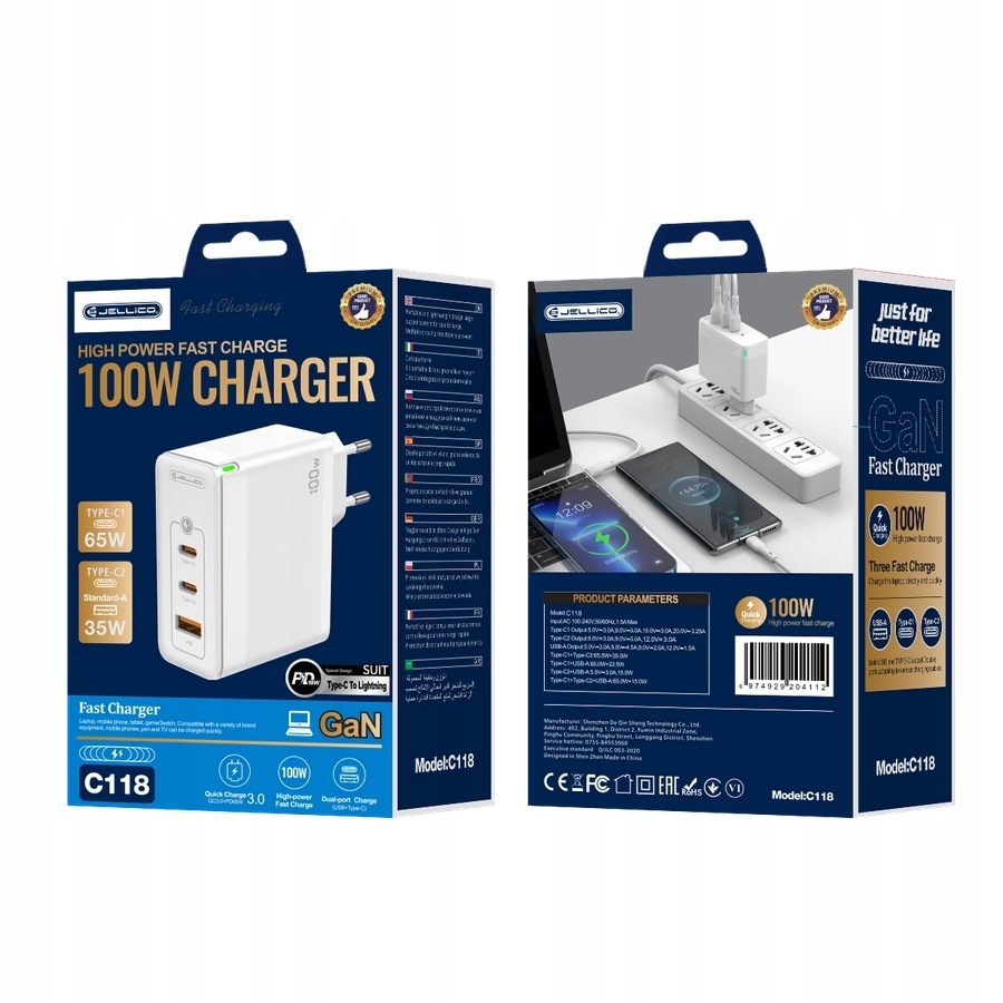 Jellico síťová nabíječka C118 GaN Pd 100W 2xUSB-C 1xUSB QC3.0 kabel U