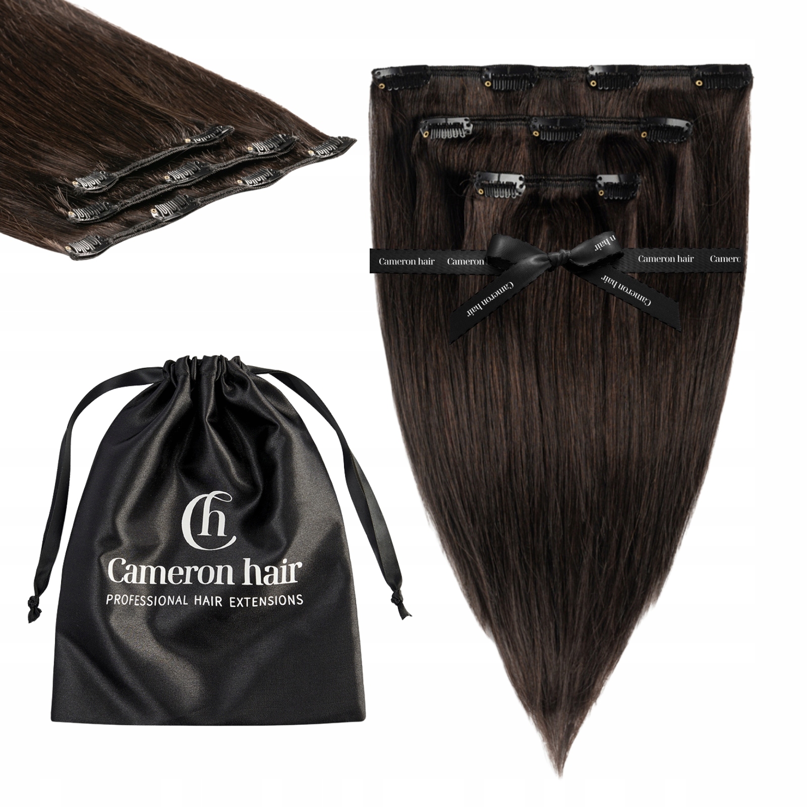 Włosy naturalne Clip In 30 cm 3 taśmy 50 gramów #1b Ciemny brąz